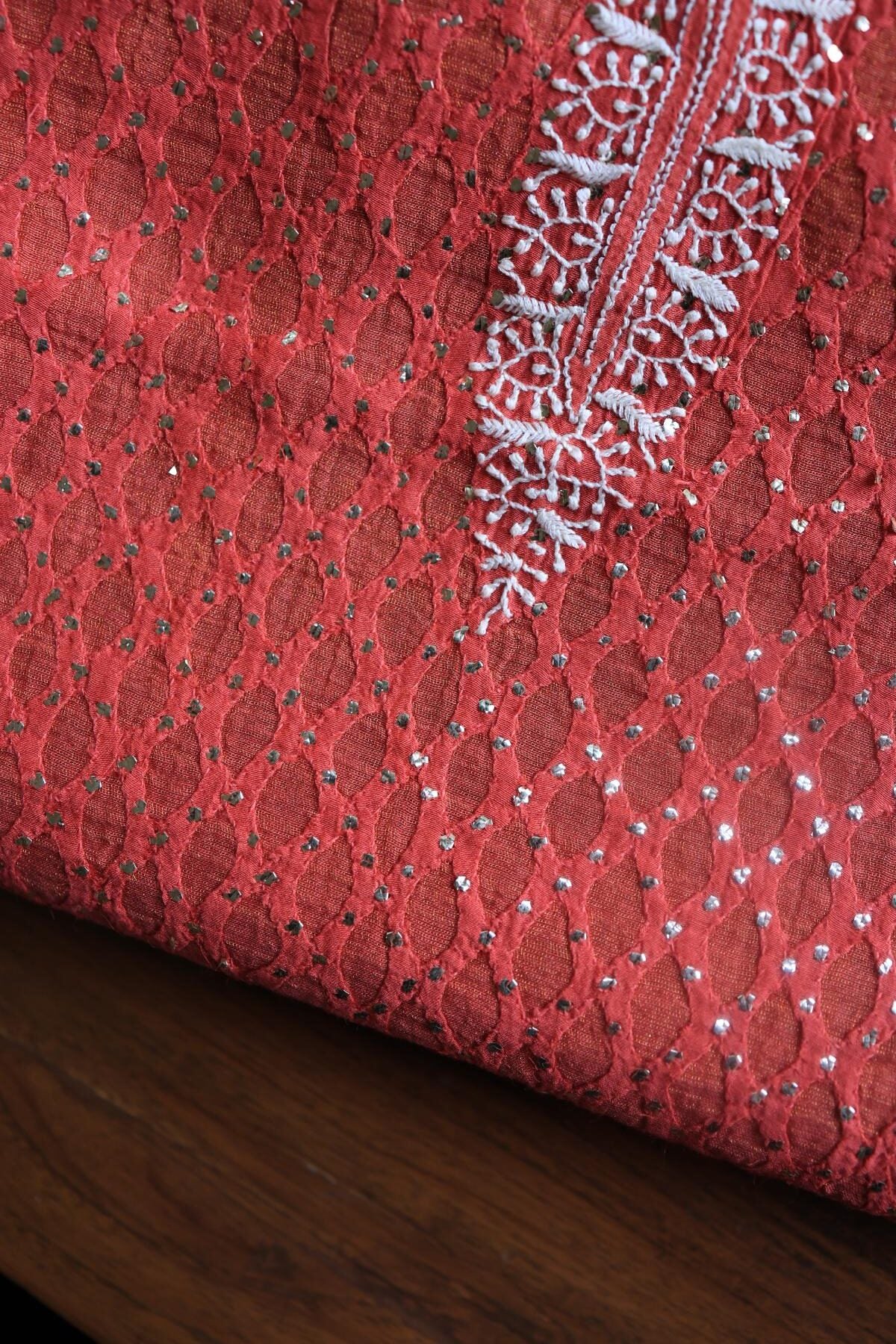 Red Daraz Chanderi Chikankari Kurta Fabrics