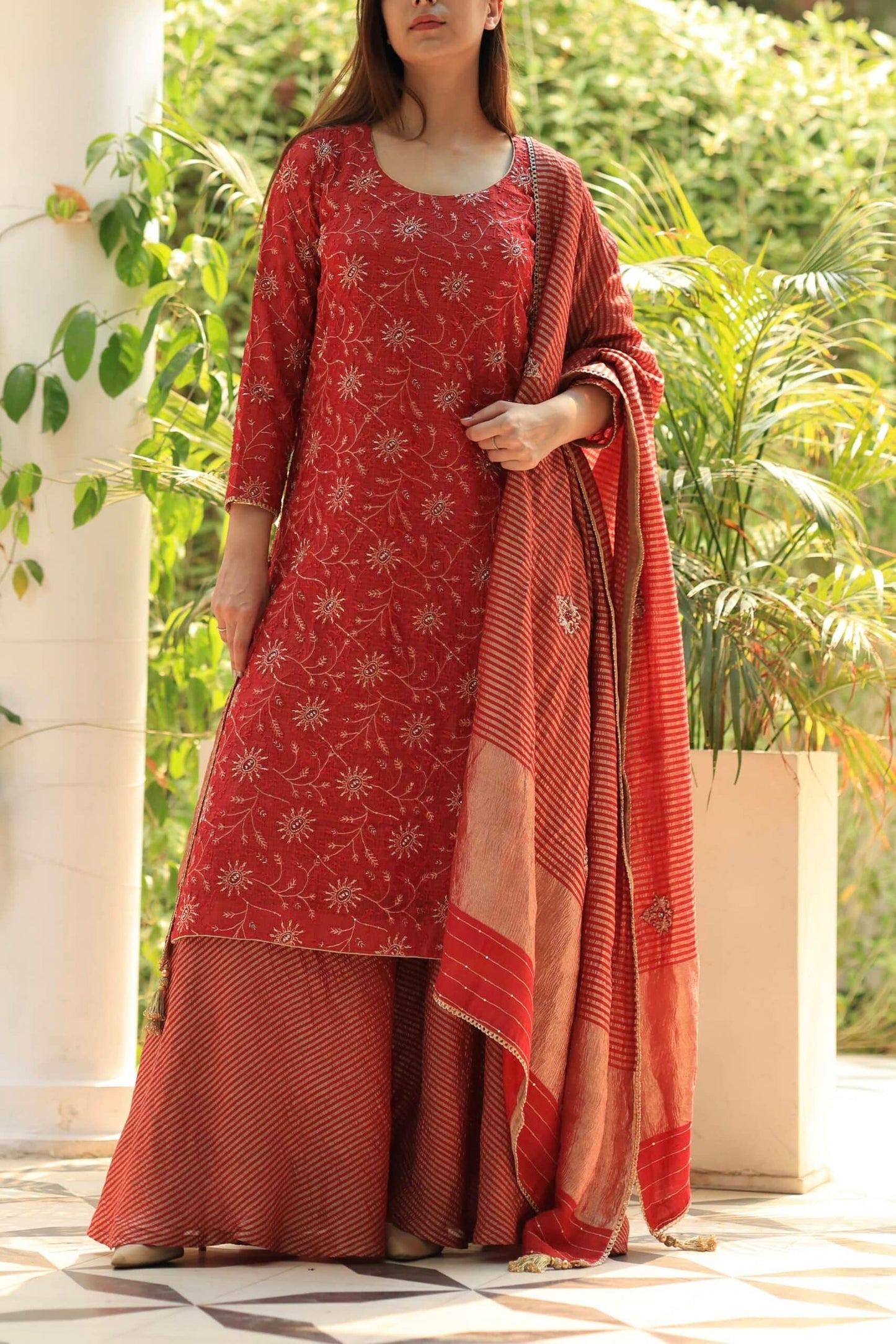 Red Silk Kota Chikankari Ari & Squins Work Sharara Set