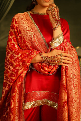 Red Bandhej Sharara Set with Kinnari Lace Detailing