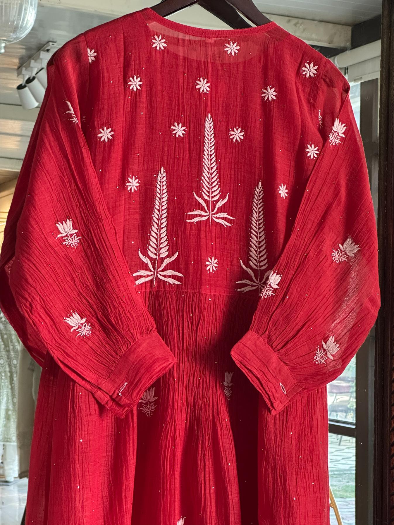 Red Chikankari Embroidered Kurta with Front Buttons & Tassel Detail