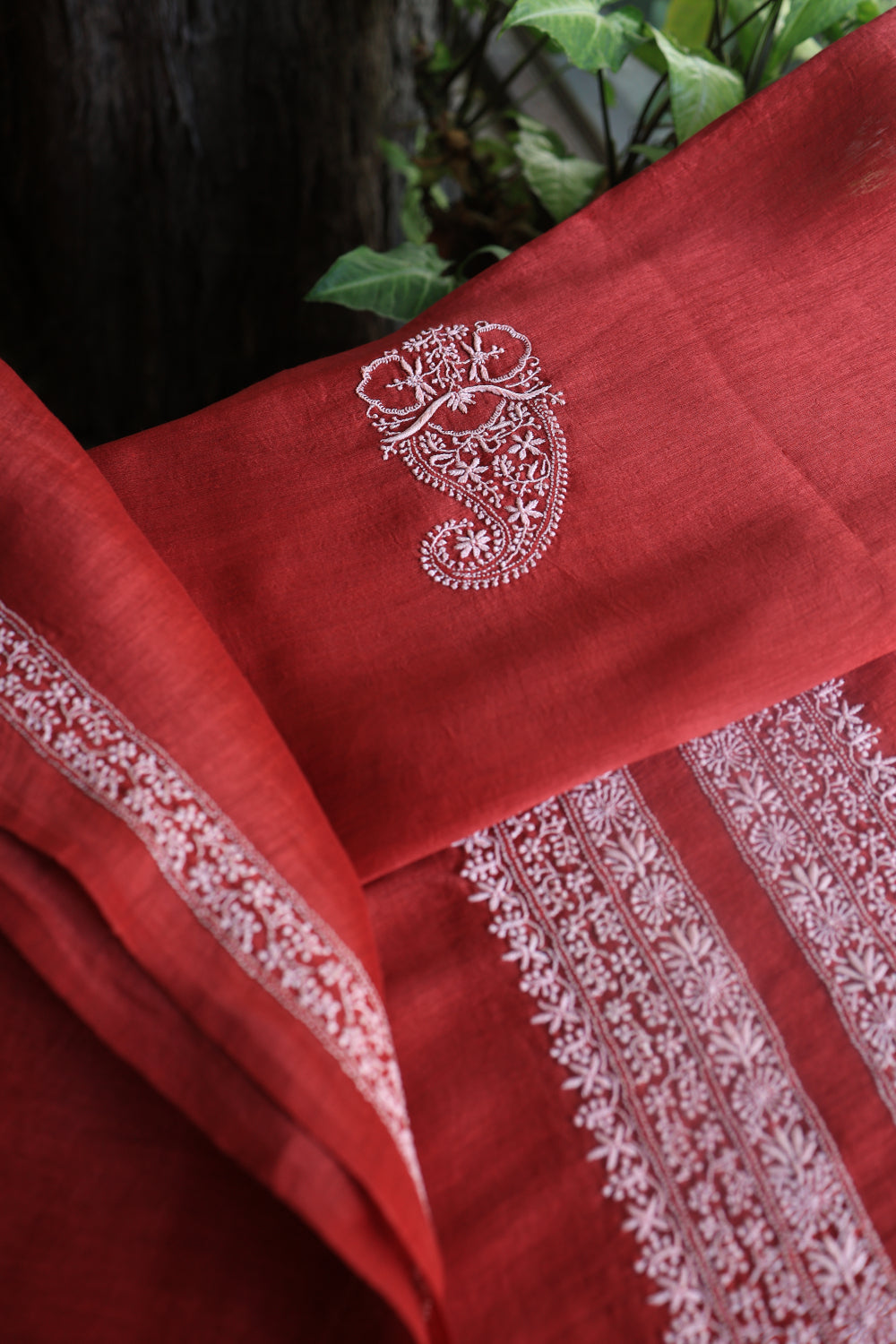 Red Linen Chikankari Unstitched Men's Kurtas Fabric