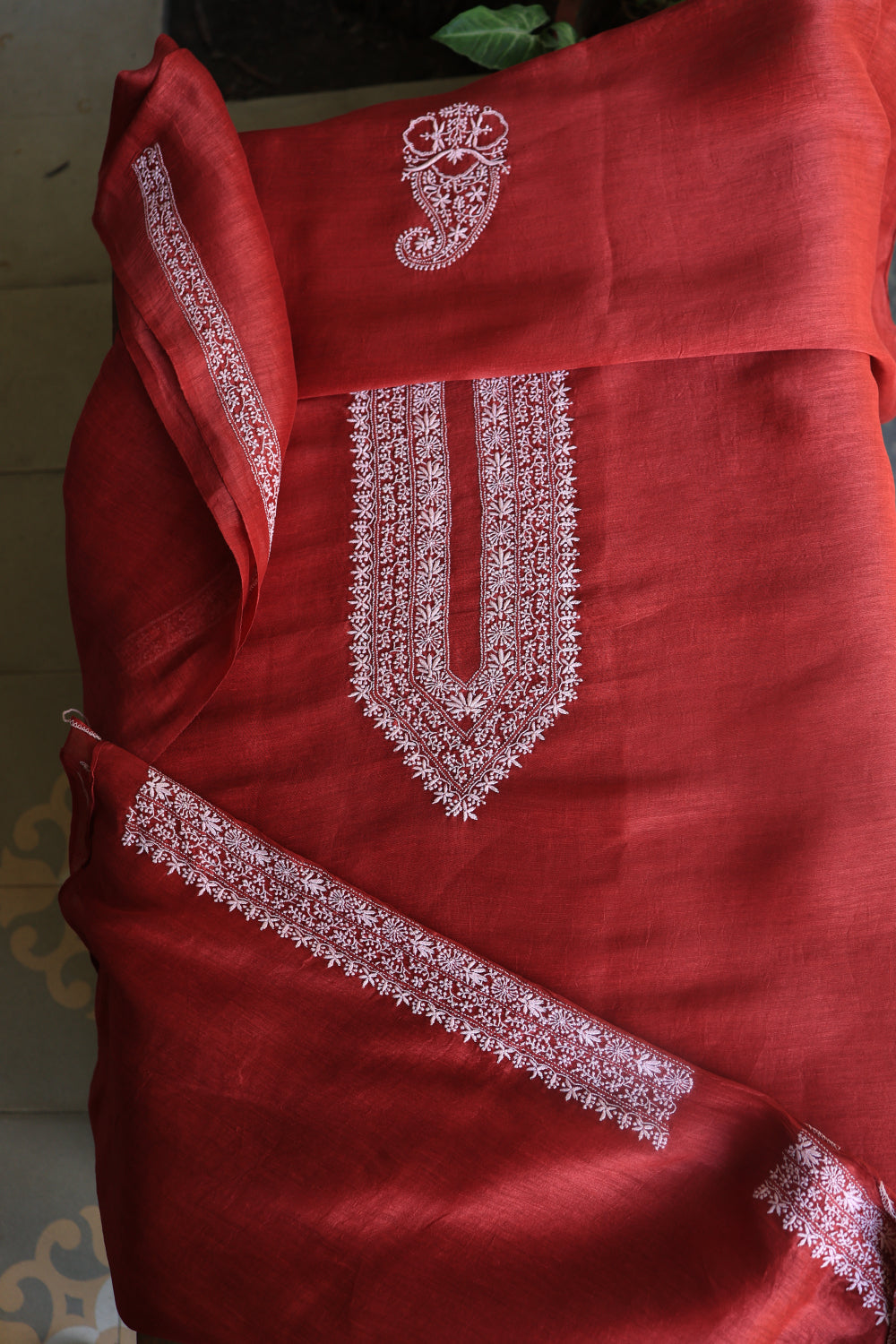 Red Linen Chikankari Unstitched Men's Kurtas Fabric
