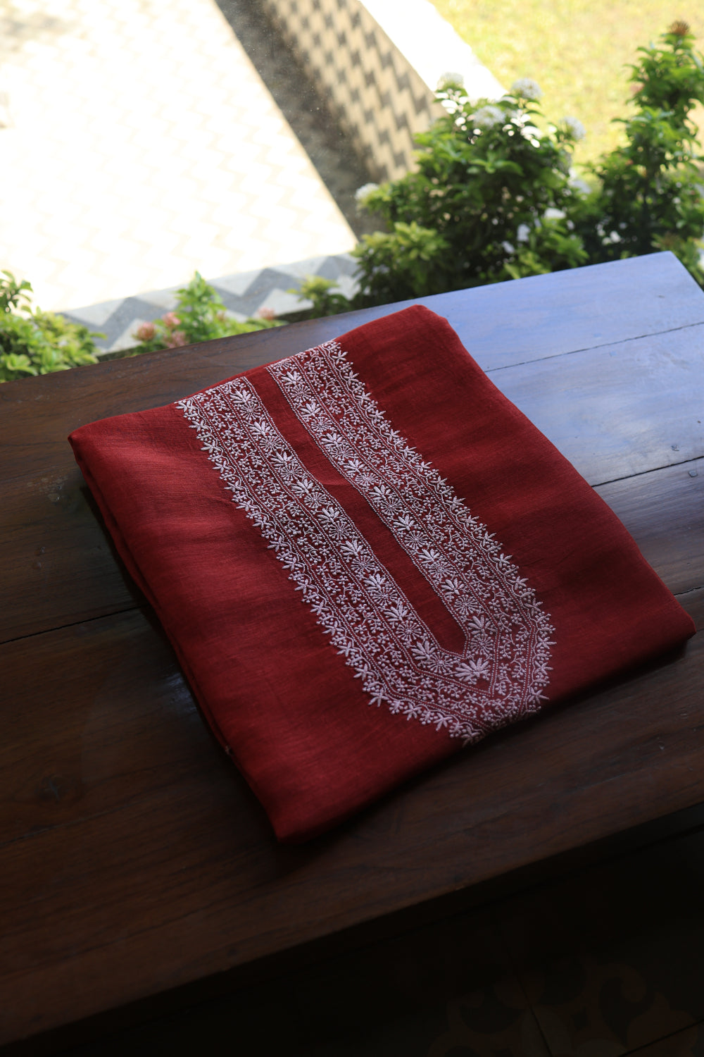 Red Linen Chikankari Unstitched Men's Kurtas Fabric