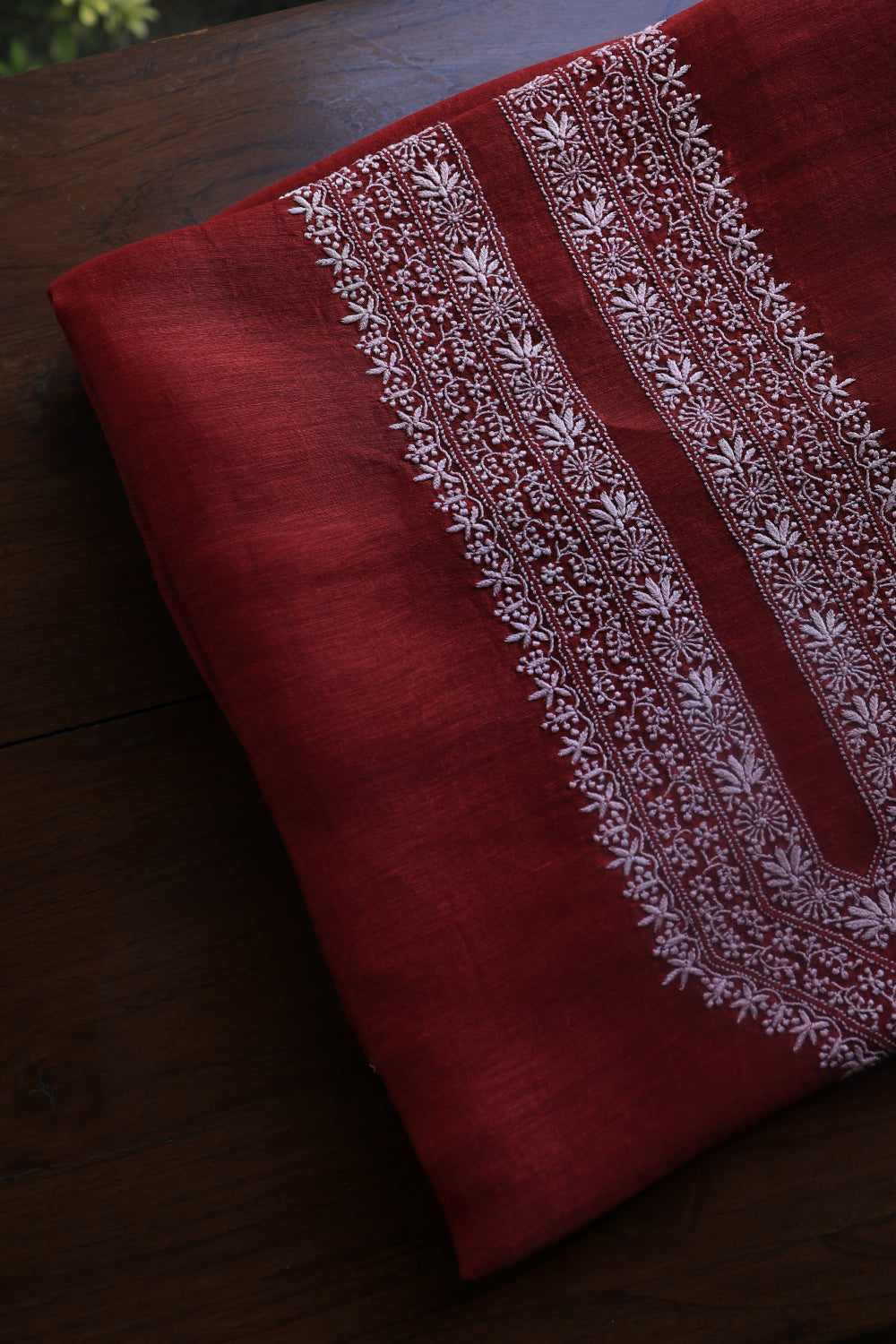 Red Linen Chikankari Unstitched Men's Kurtas Fabric