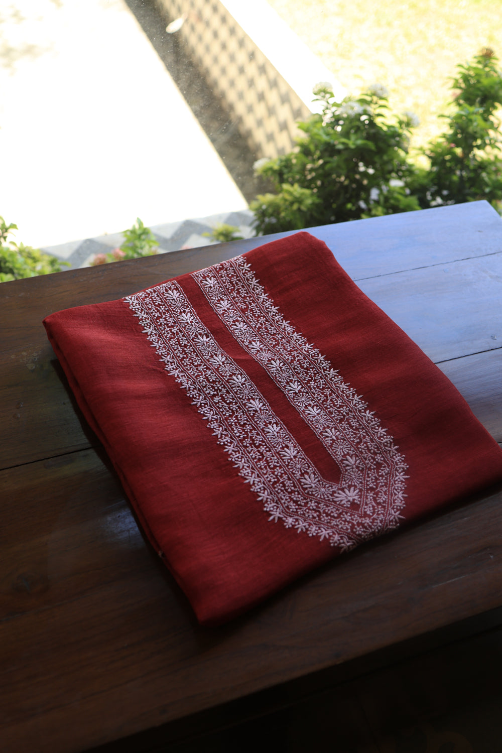 Red Linen Chikankari Unstitched Men's Kurtas Fabric