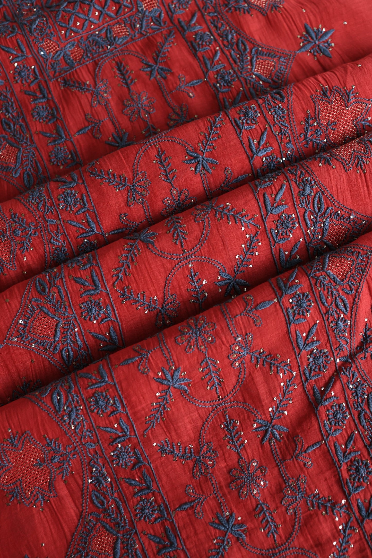 Red Mal Cotton Fine Chikankari With Kamdani Work Unstitched Fabric