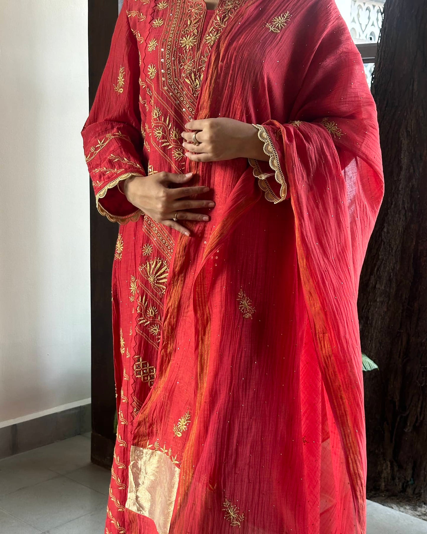 Malmal Mukaish Kamdani Chikankari Stitched Kurtas Dupatta Set