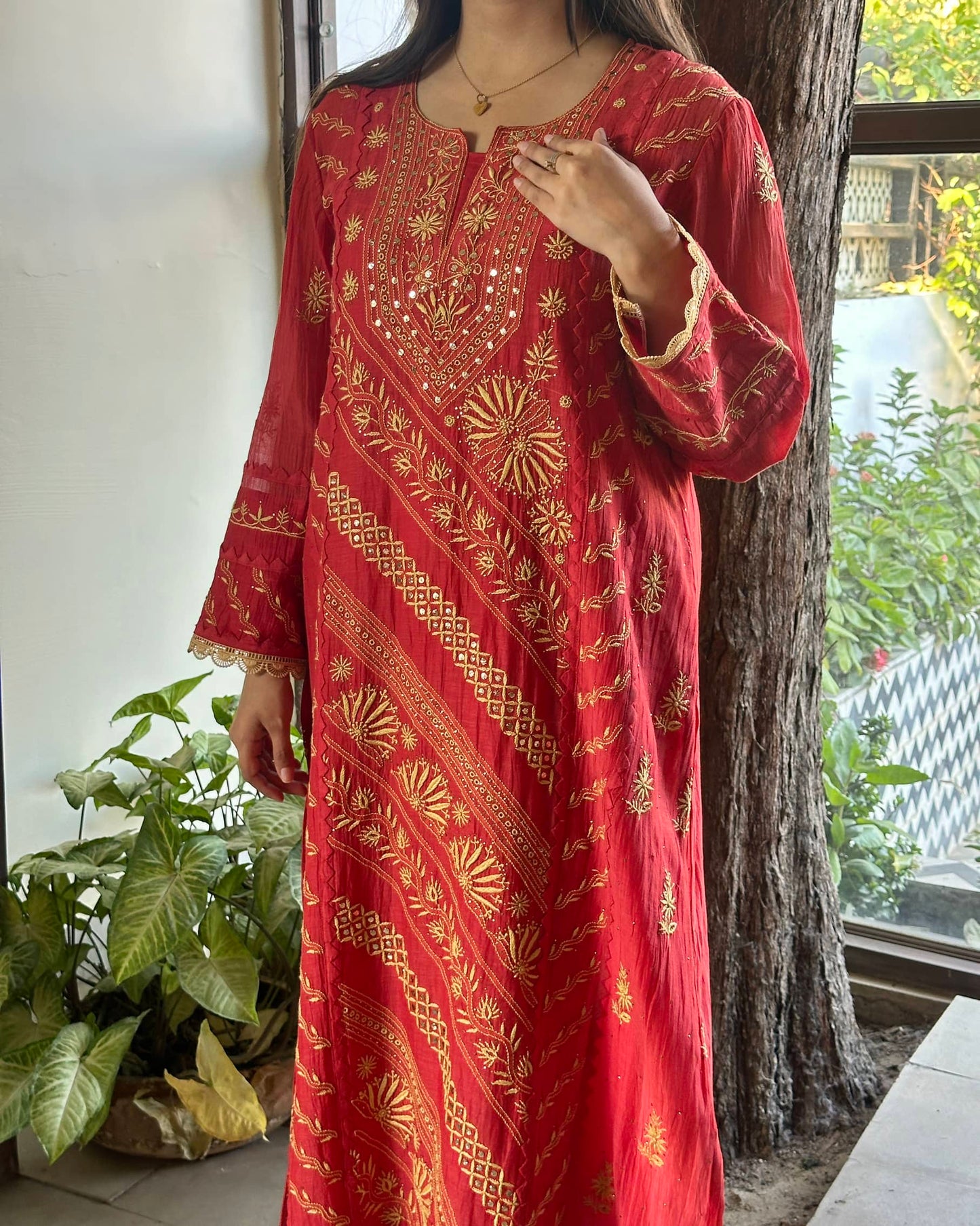 Malmal Mukaish Kamdani Chikankari Stitched Kurtas Dupatta Set