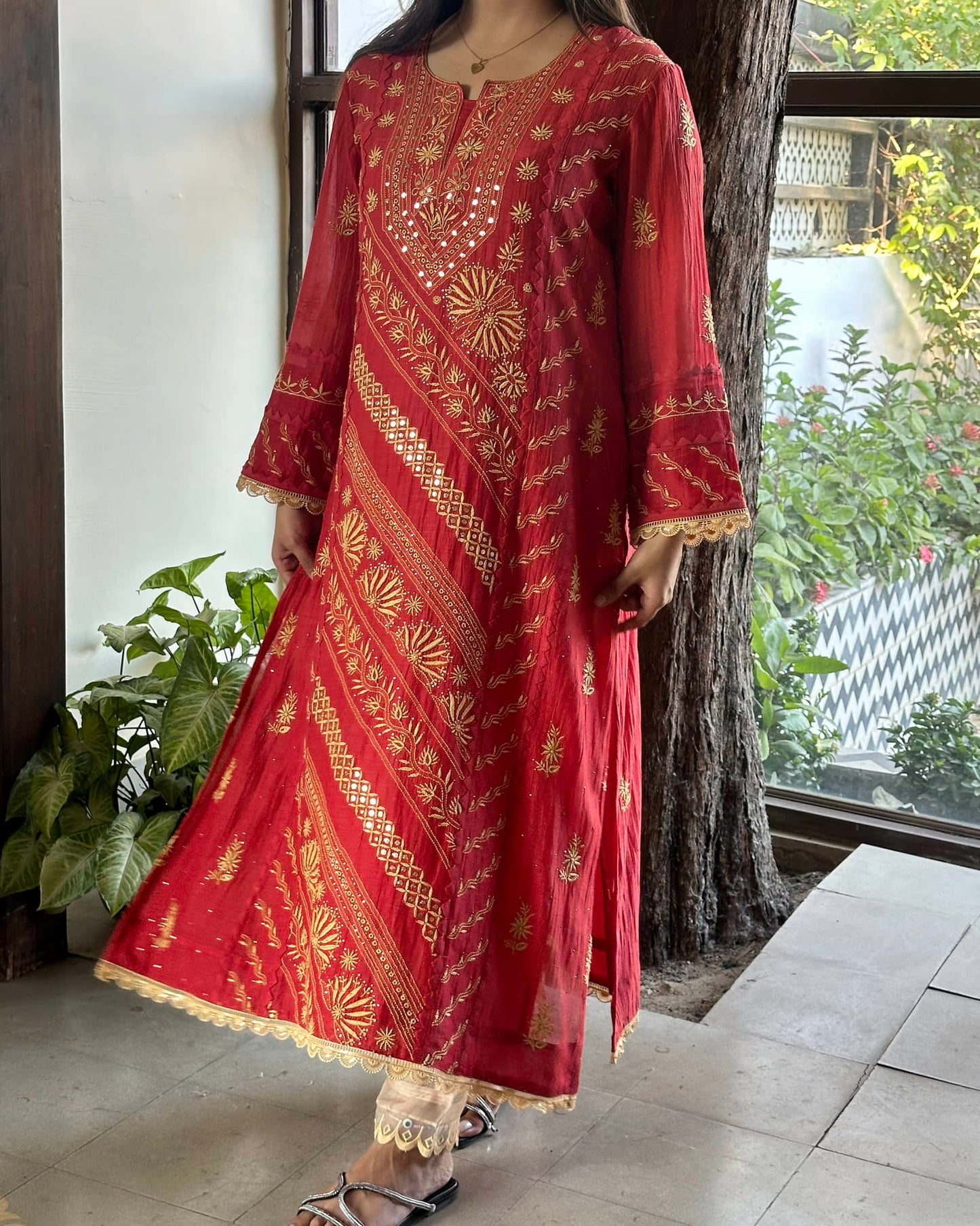 Malmal Mukaish Kamdani Chikankari Stitched Kurtas Dupatta Set