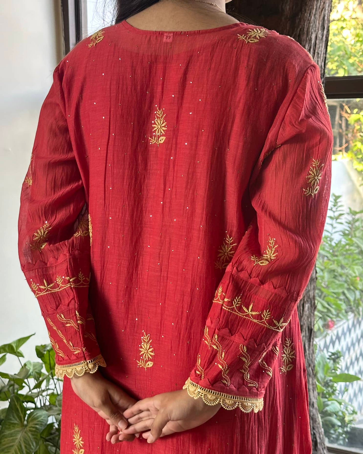 Malmal Mukaish Kamdani Chikankari Stitched Kurtas Dupatta Set