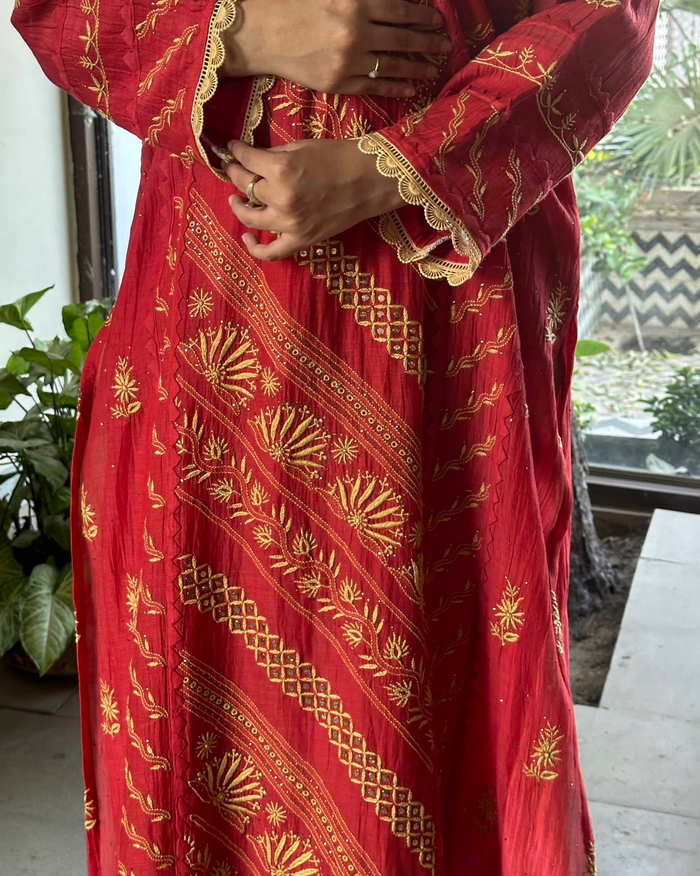 Malmal Mukaish Kamdani Chikankari Stitched Kurtas Dupatta Set