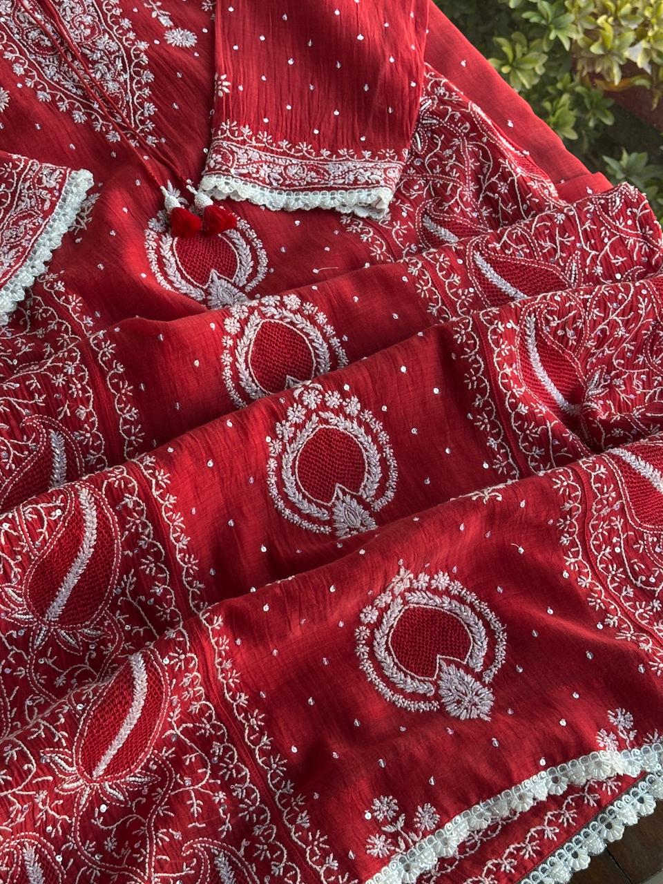 Red Malmal Pearl Work Chikankari Kurta With Dupatta