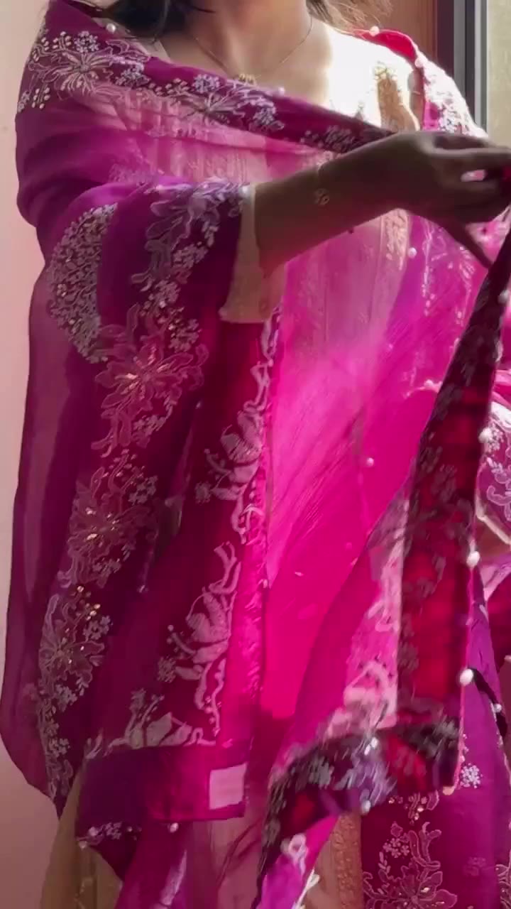 Red Violet Shade Fine Chikankari Organza Mukaish Dupatta