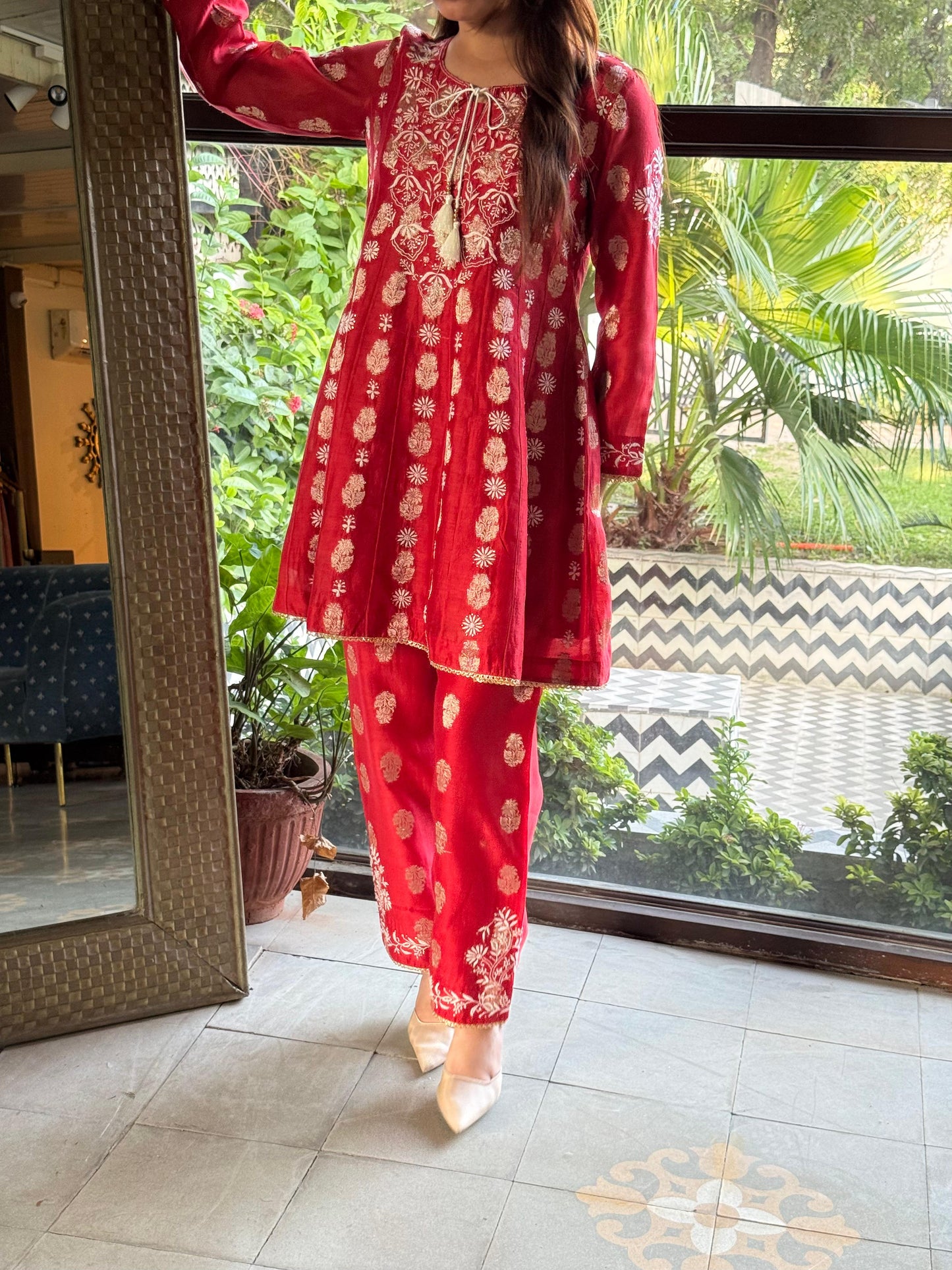 Red Zari Chanderi Chikankari Co-Ord Set