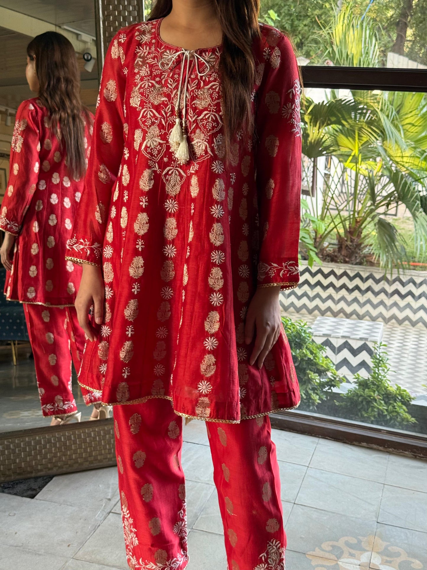 Red Zari Chanderi Chikankari Co-Ord Set