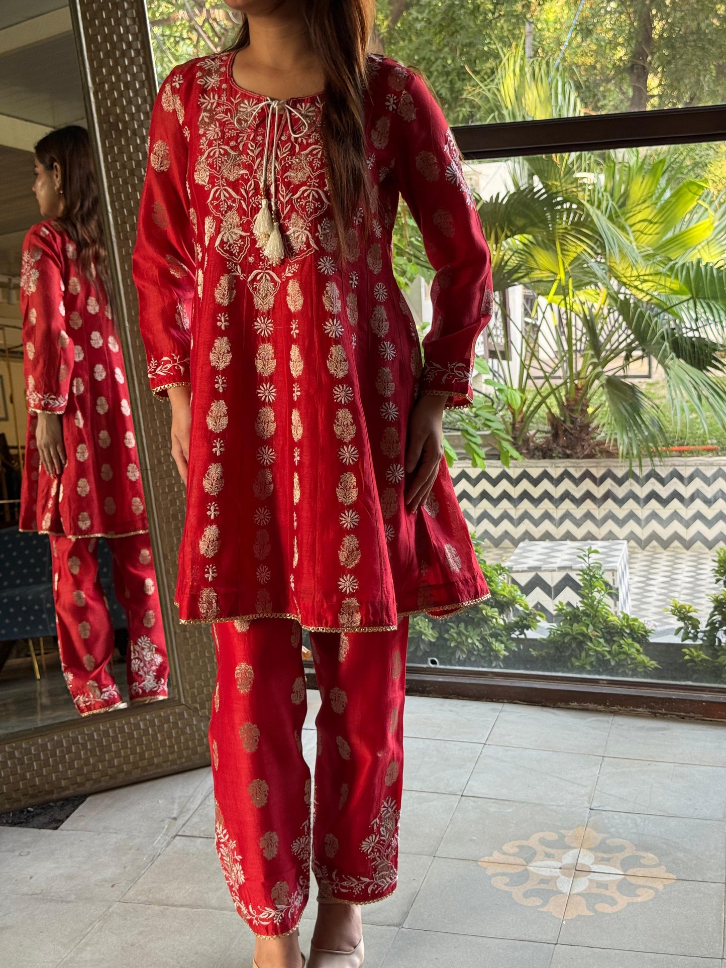 Red Zari Chanderi Chikankari Co-Ord Set