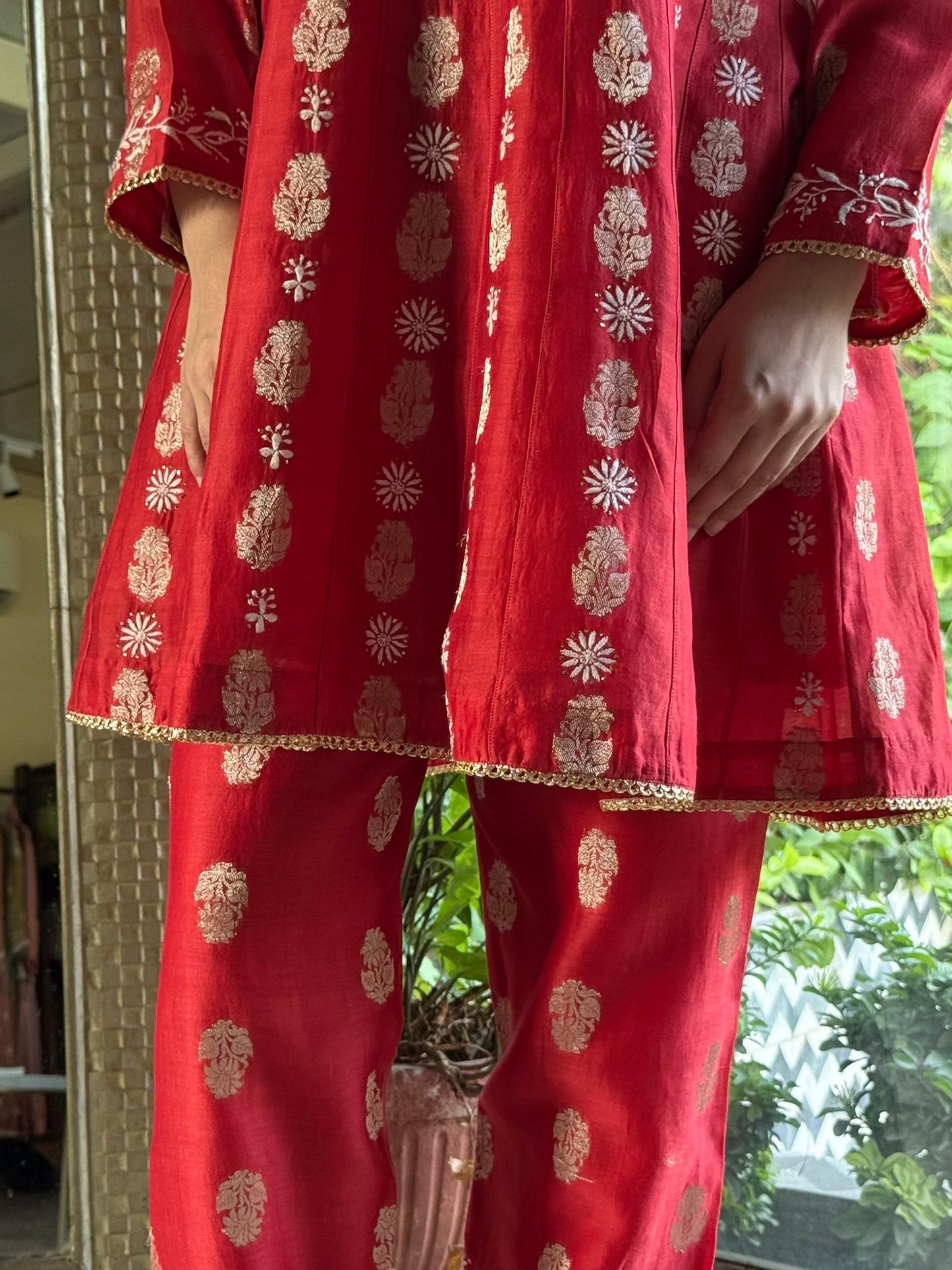 Red Zari Chanderi Chikankari Co-Ord Set