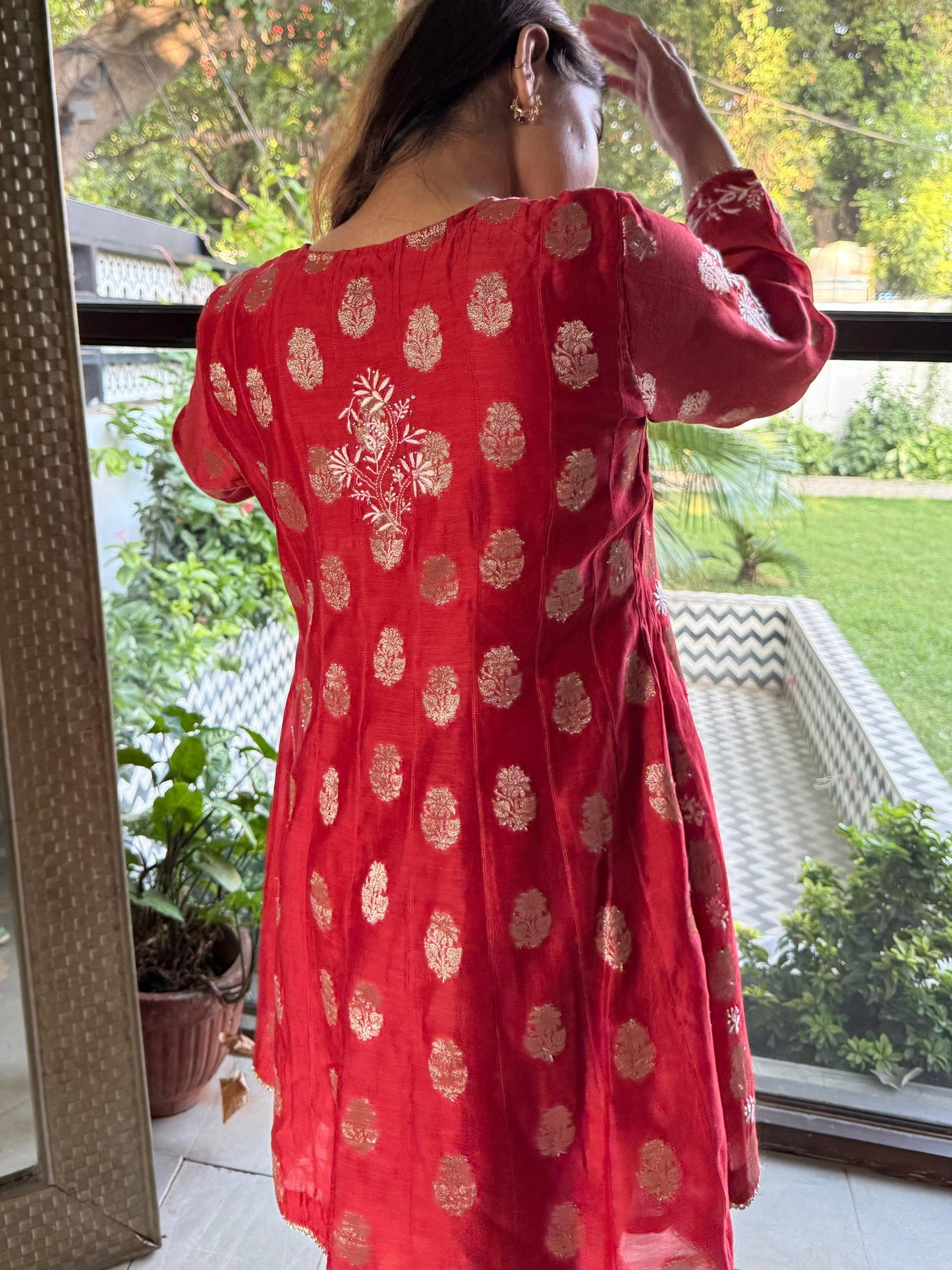 Red Zari Chanderi Chikankari Co-Ord Set