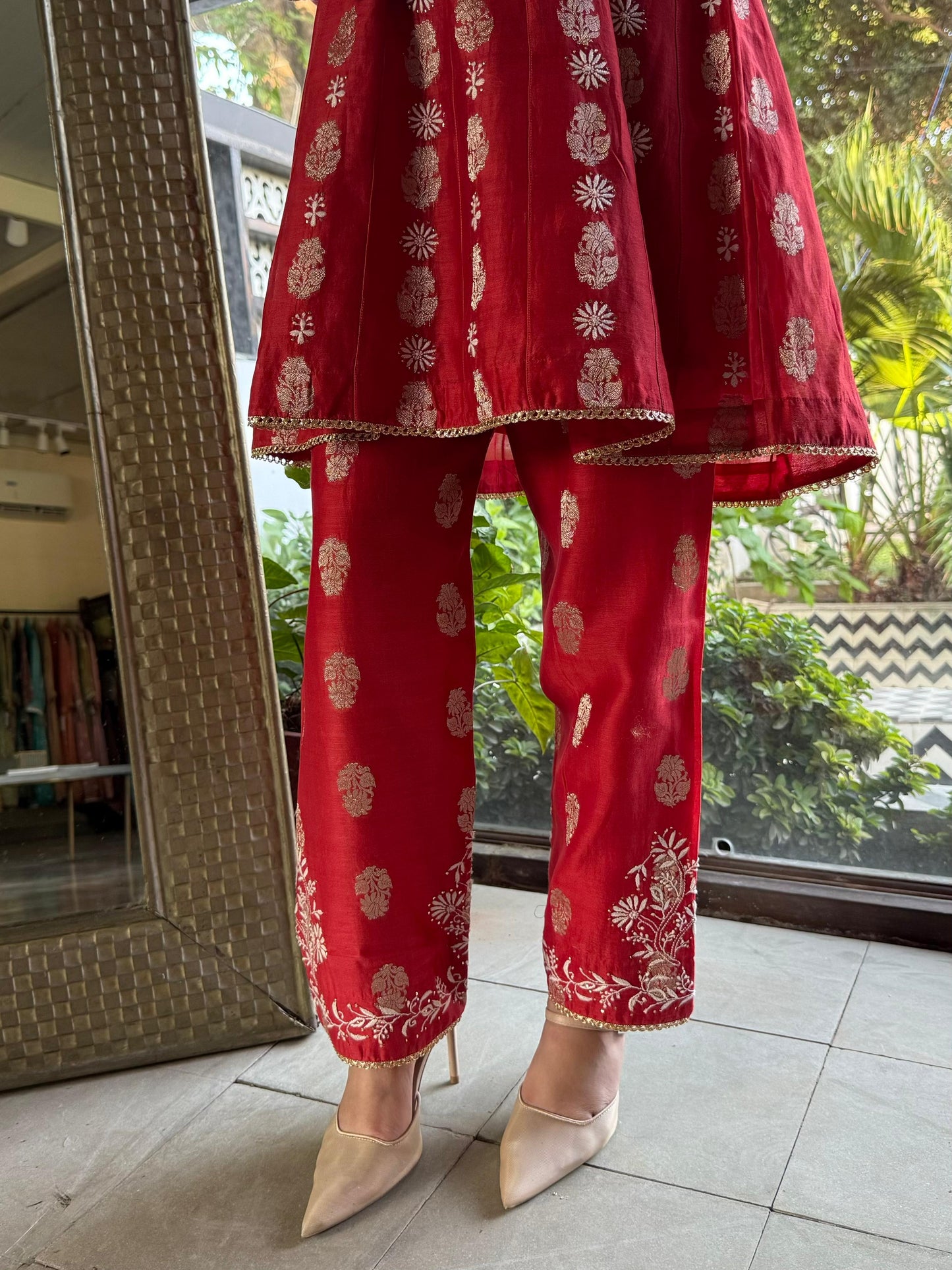 Red Zari Chanderi Chikankari Co-Ord Set