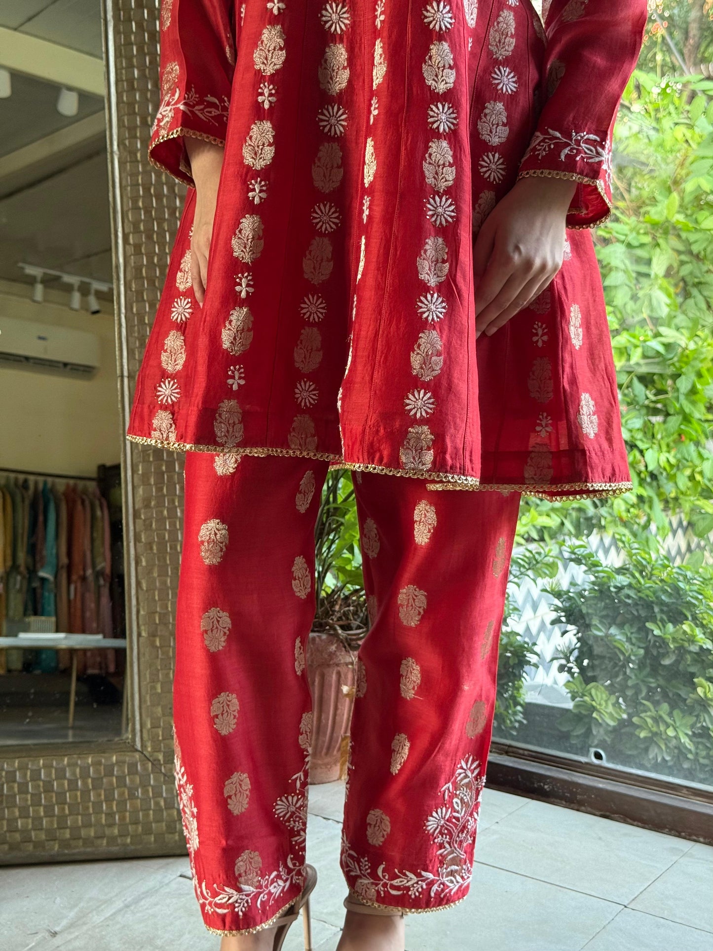 Red Zari Chanderi Chikankari Co-Ord Set