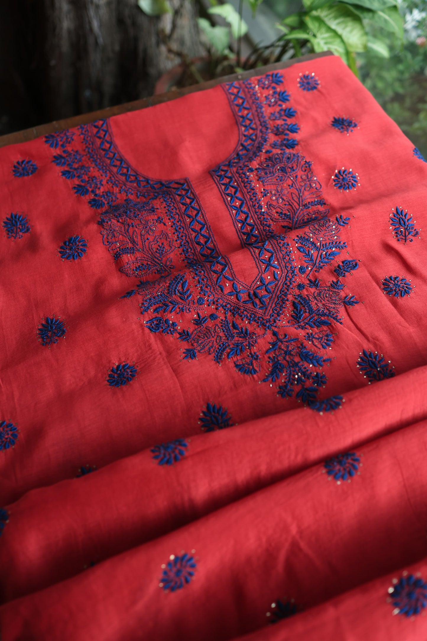 Red & Blue Mal Cotton Chikankari Unstitched Fabrics With Kamdani