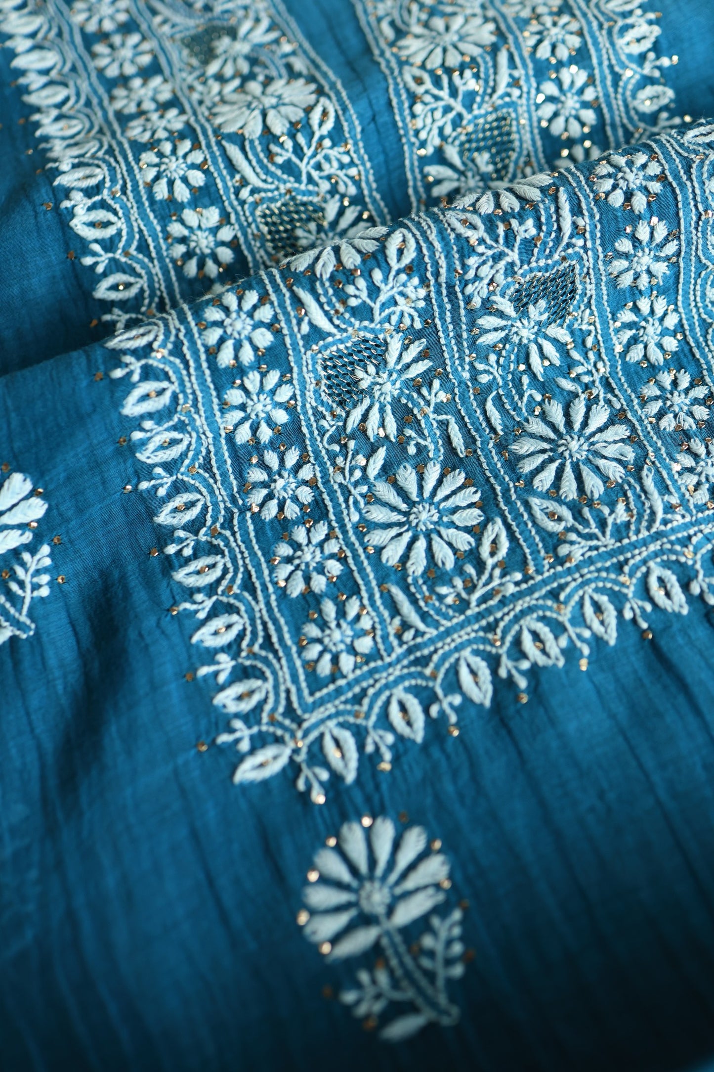 Prussian Blue Mal Cotton Chikankari Unstitched Fabrics With Kamdani