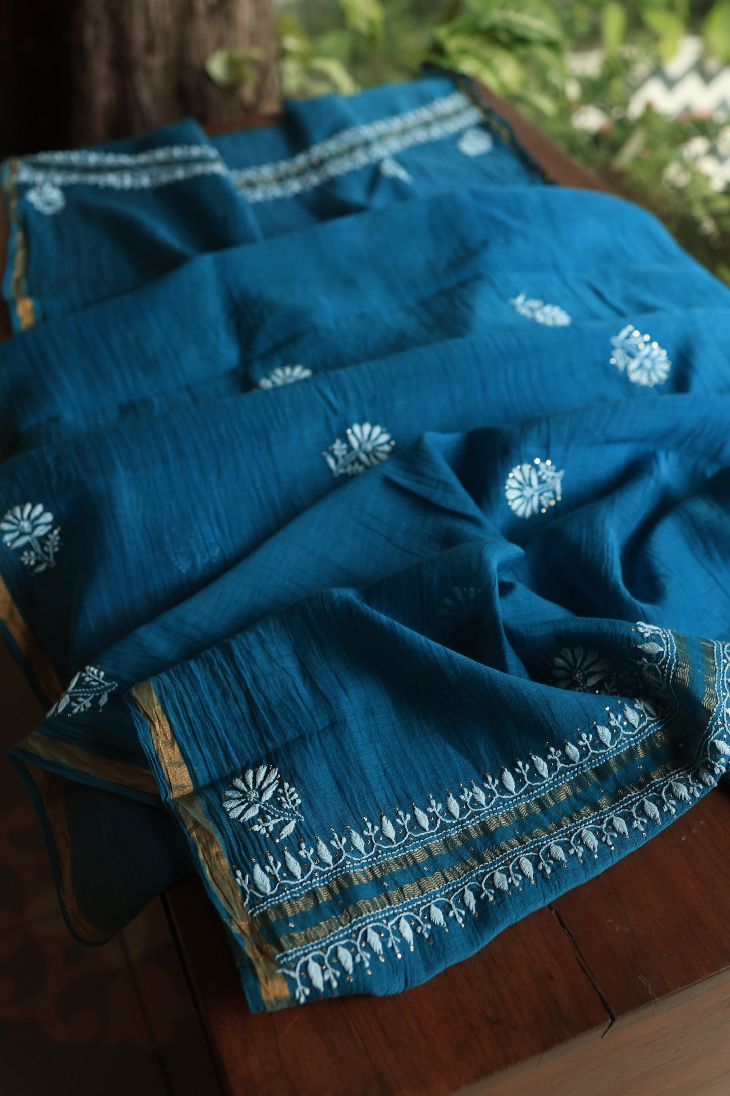 Prussian Blue Mal Cotton Chikankari Unstitched Fabrics With Kamdani