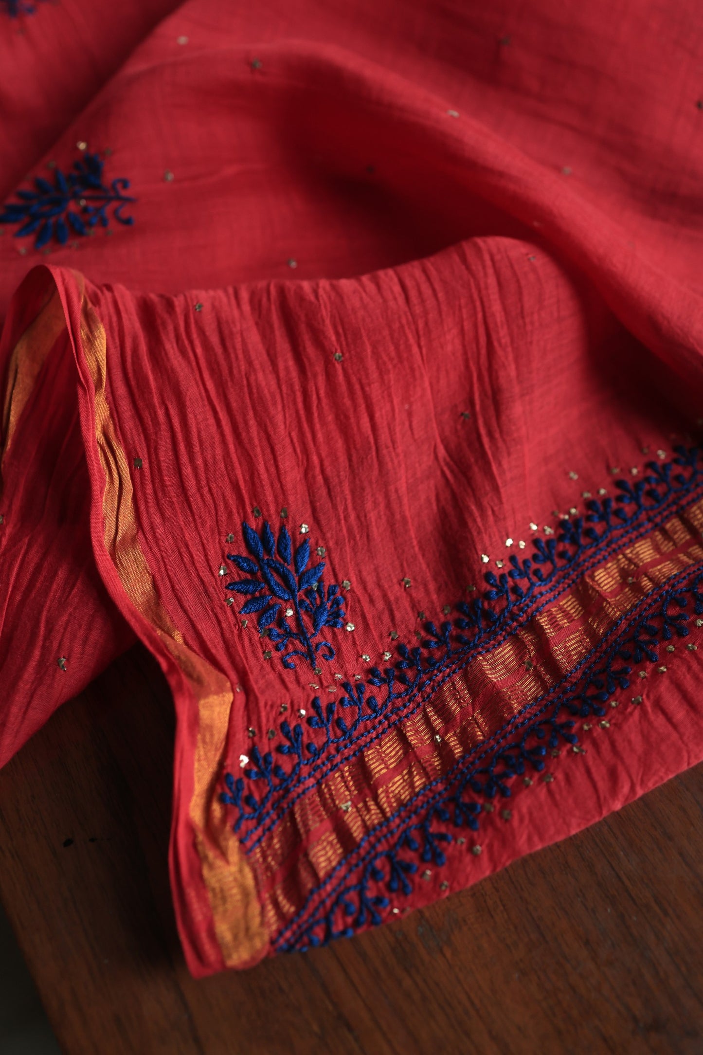 Red & Blue Mal Cotton Chikankari Unstitched Fabrics With Kamdani