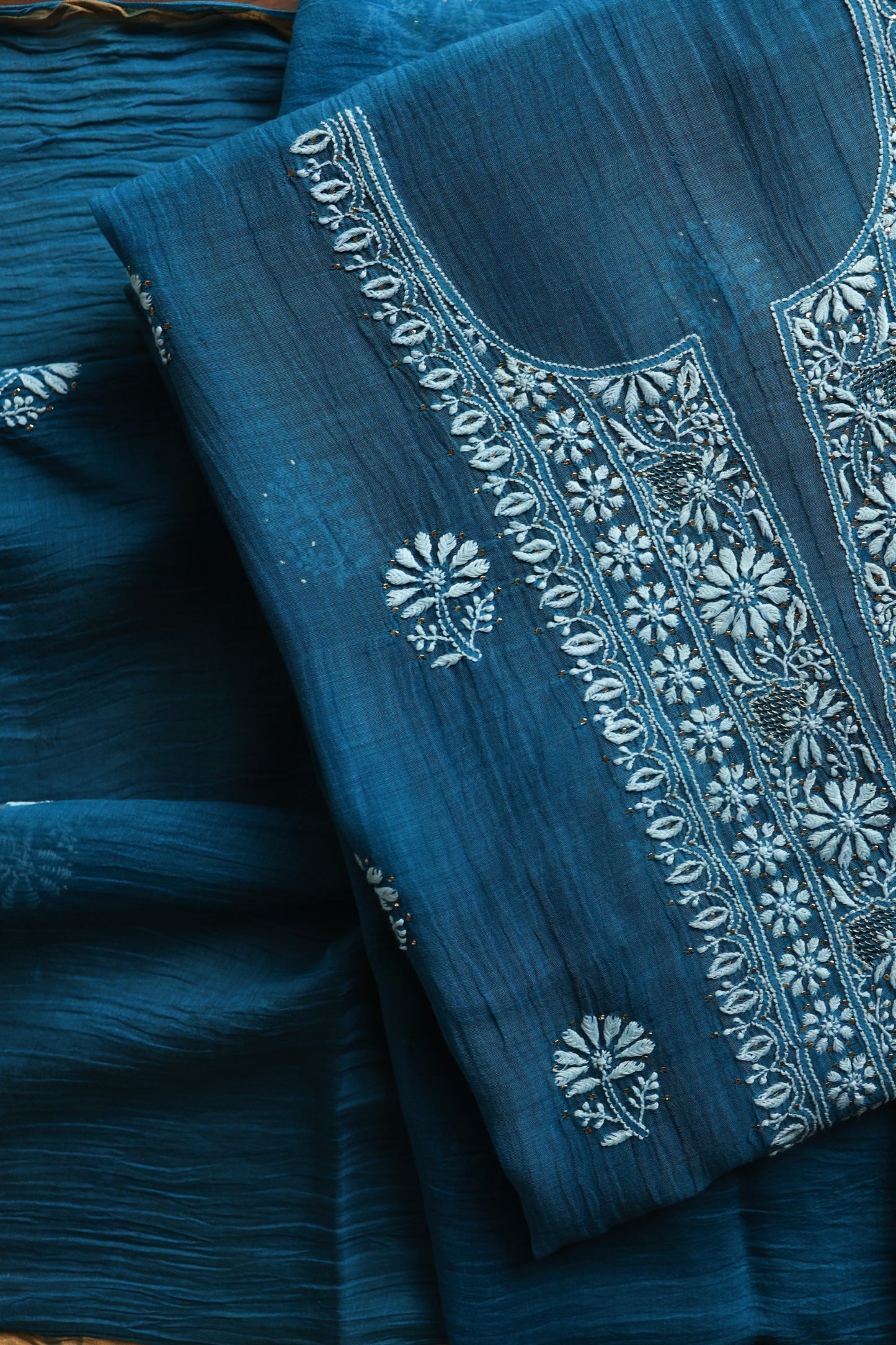 Prussian Blue Mal Cotton Chikankari Unstitched Fabrics With Kamdani