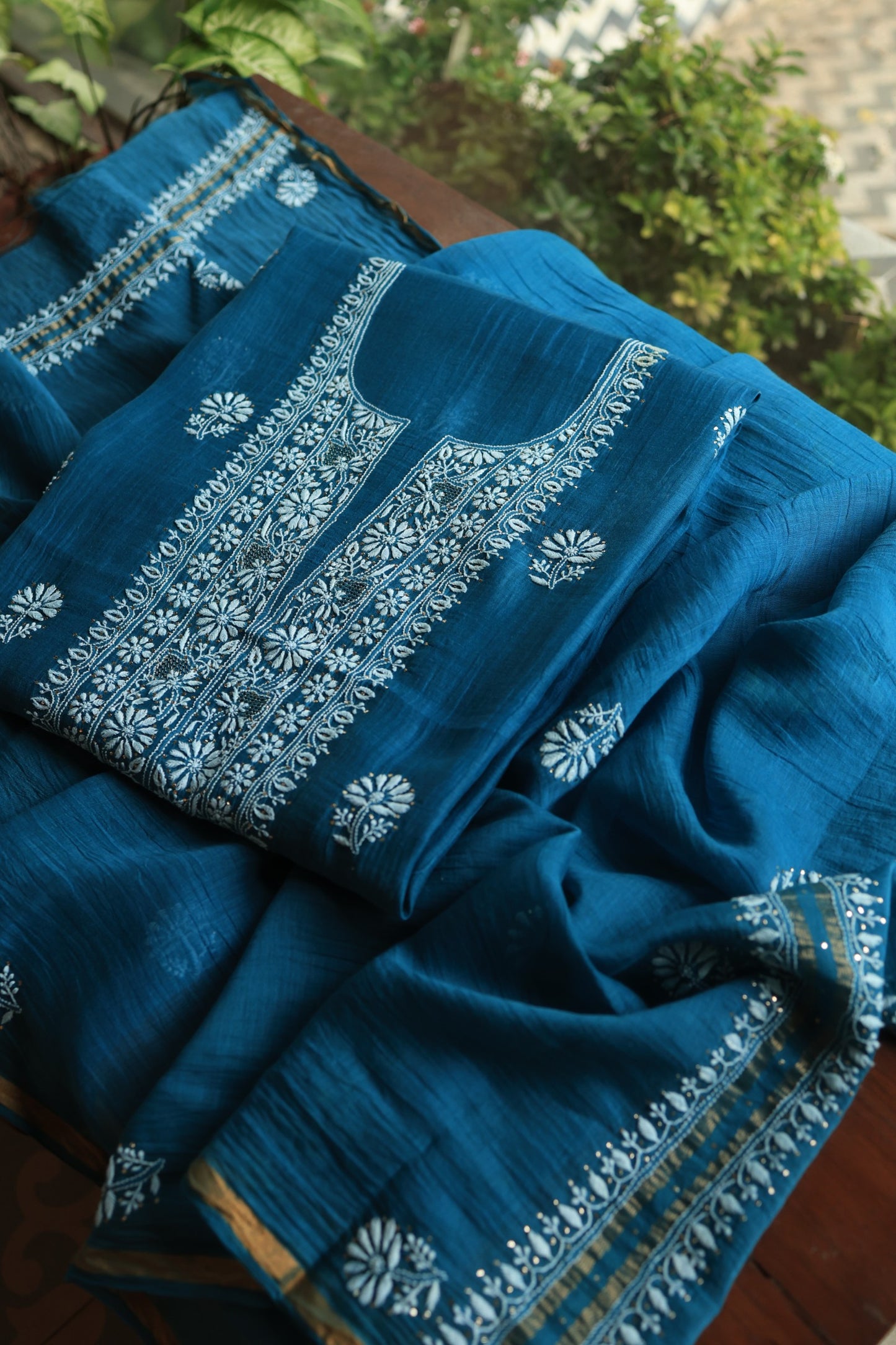 Prussian Blue Mal Cotton Chikankari Unstitched Fabrics With Kamdani