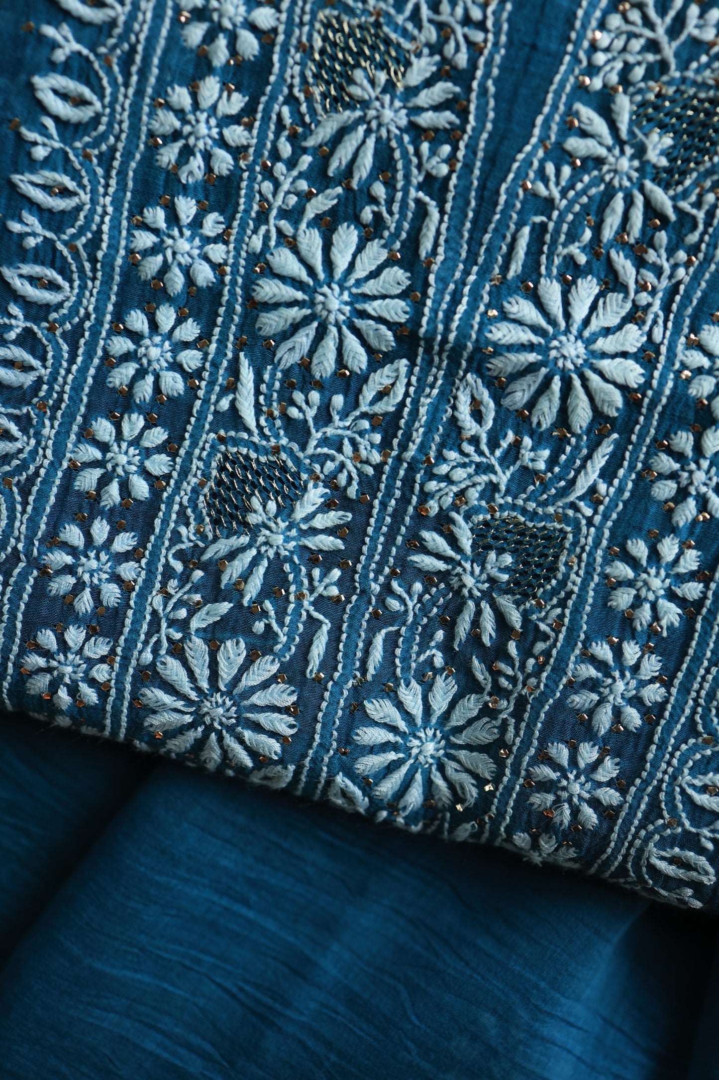 Prussian Blue Mal Cotton Chikankari Unstitched Fabrics With Kamdani