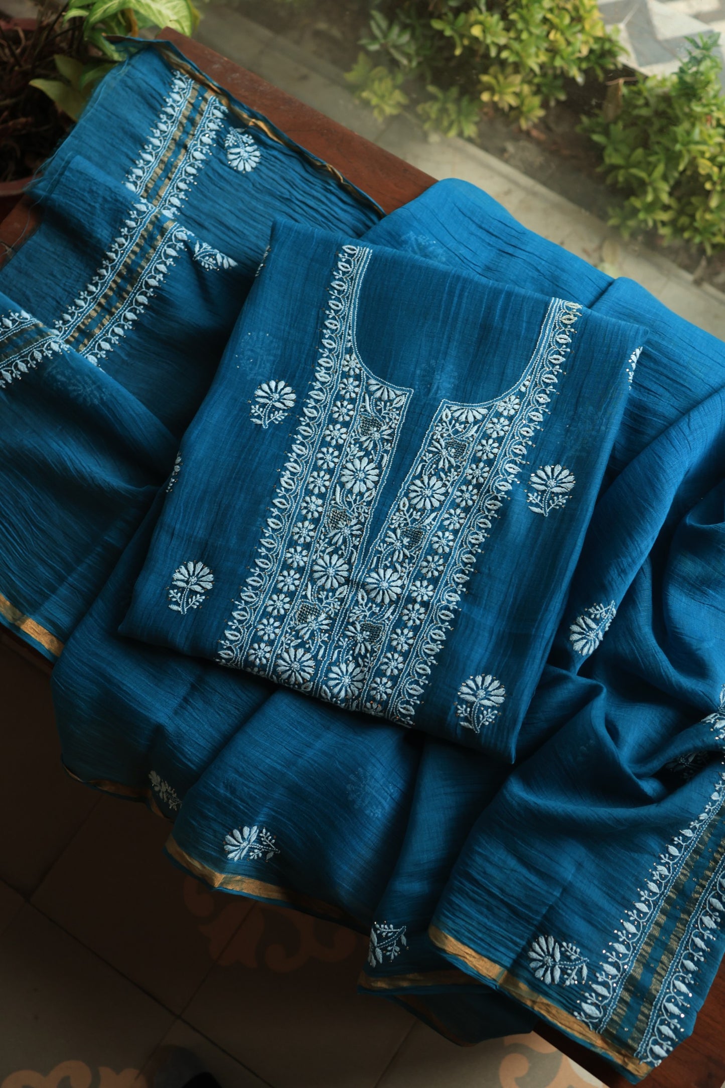 Prussian Blue Mal Cotton Chikankari Unstitched Fabrics With Kamdani