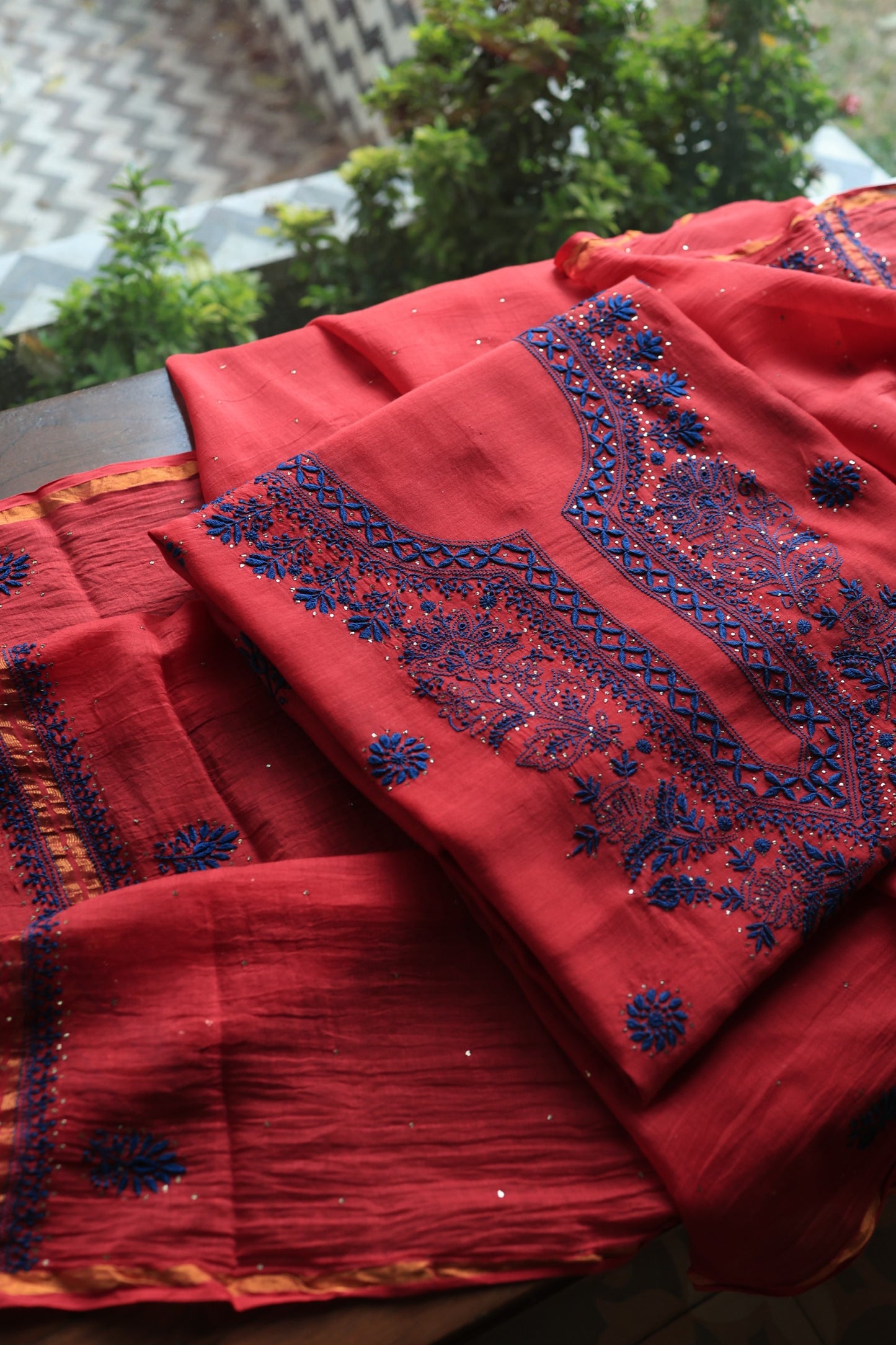 Red & Blue Mal Cotton Chikankari Unstitched Fabrics With Kamdani