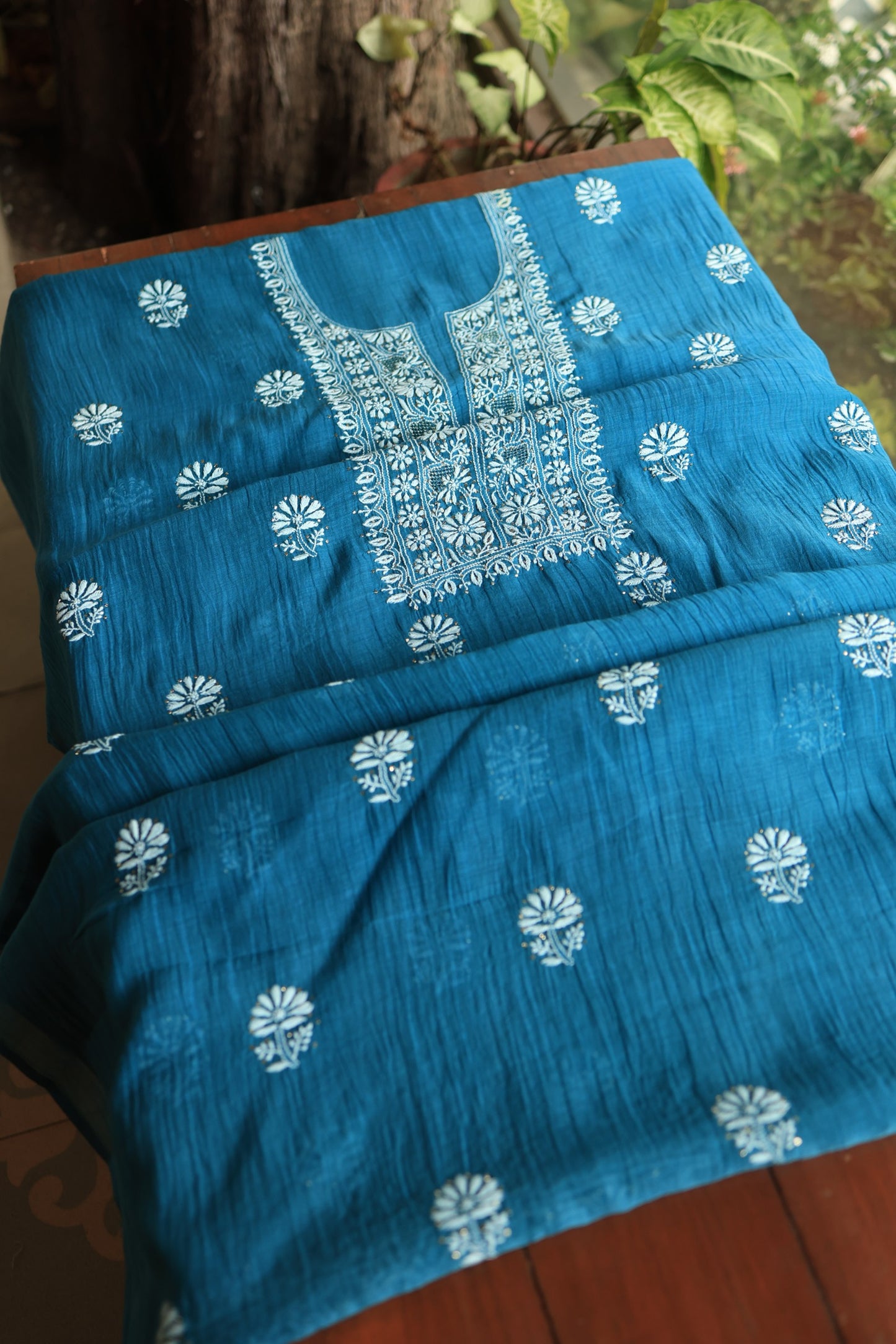 Prussian Blue Mal Cotton Chikankari Unstitched Fabrics With Kamdani