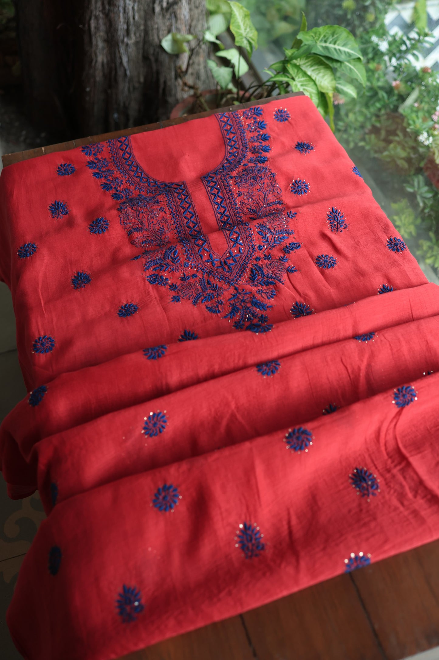 Red & Blue Mal Cotton Chikankari Unstitched Fabrics With Kamdani