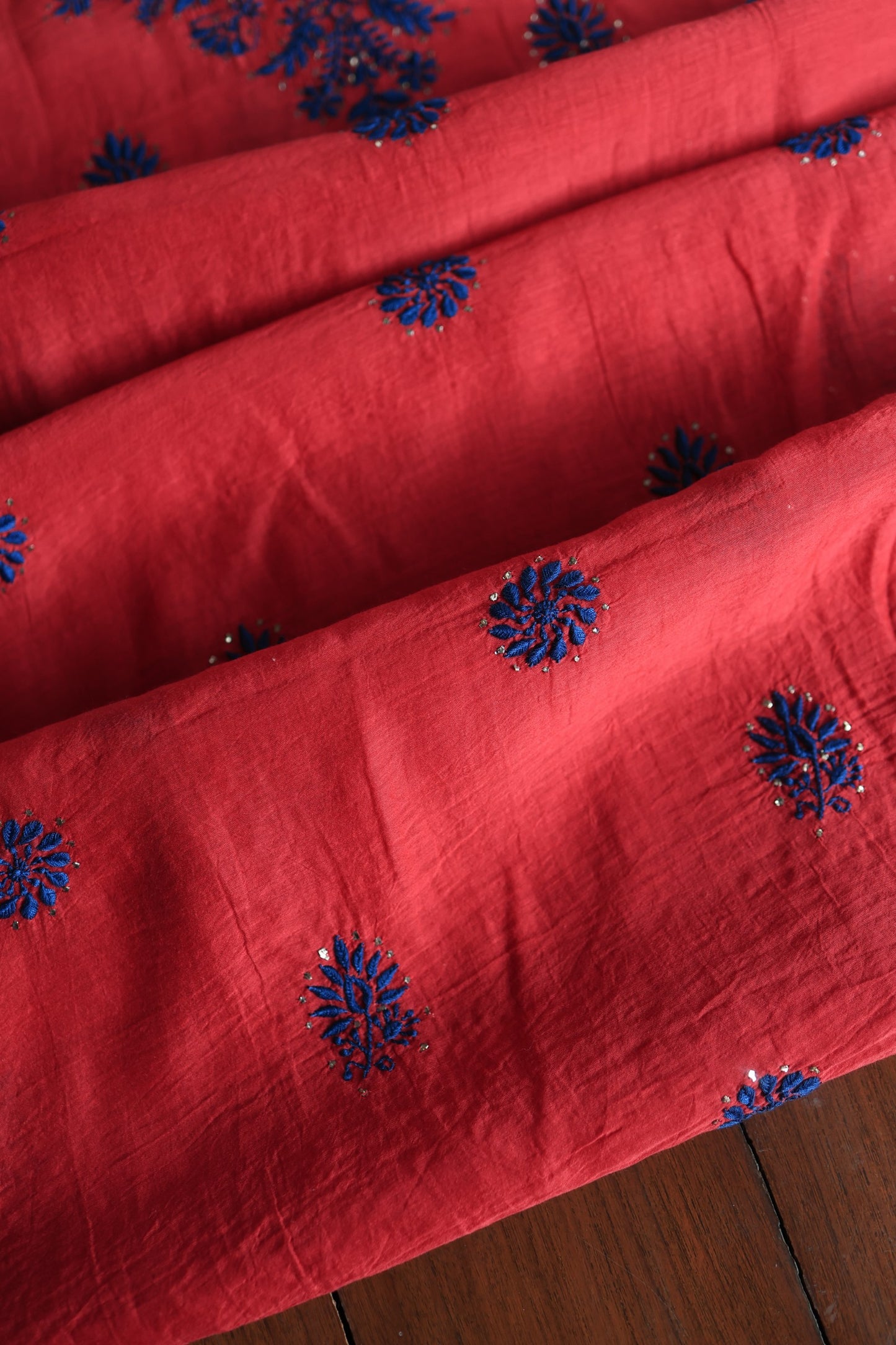 Red & Blue Mal Cotton Chikankari Unstitched Fabrics With Kamdani