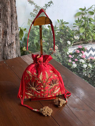 Red & Gold Raw Silk Zardosi Polti Bags