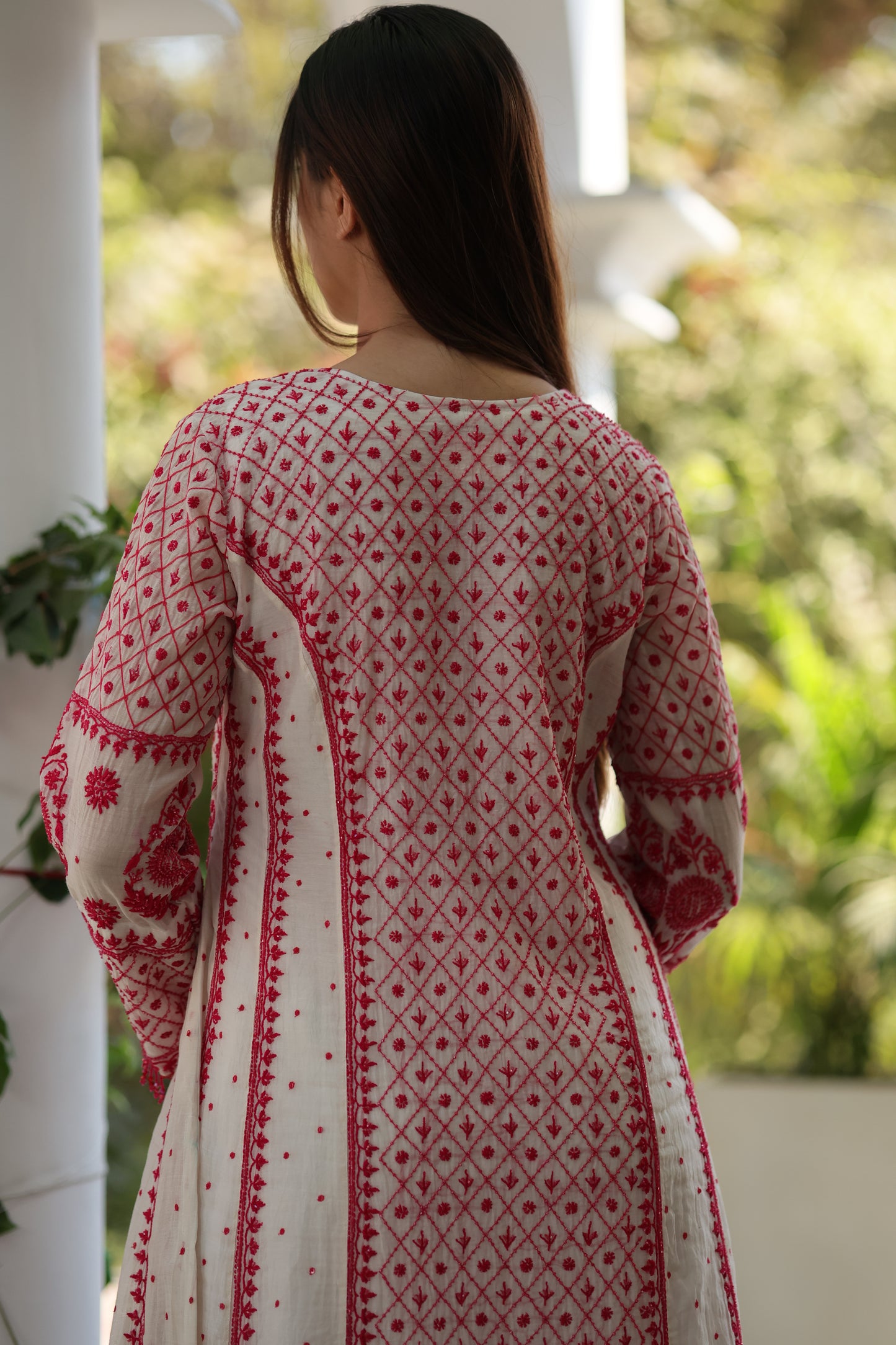 White & Red Malmal Pearl Work Chikankari A Line Kalidar Kurta With Dupatta