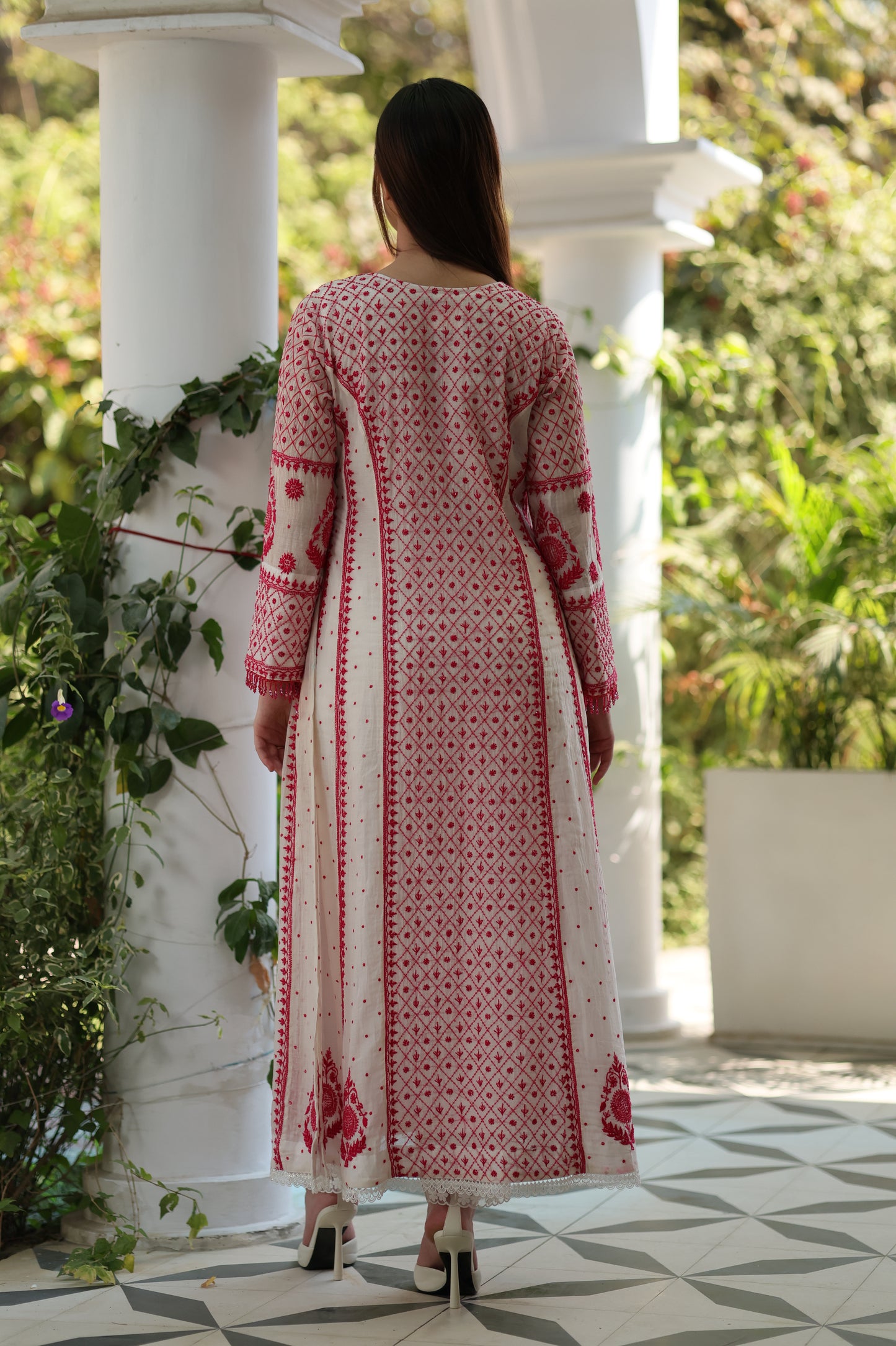 White & Red Malmal Pearl Work Chikankari A Line Kalidar Kurta With Dupatta