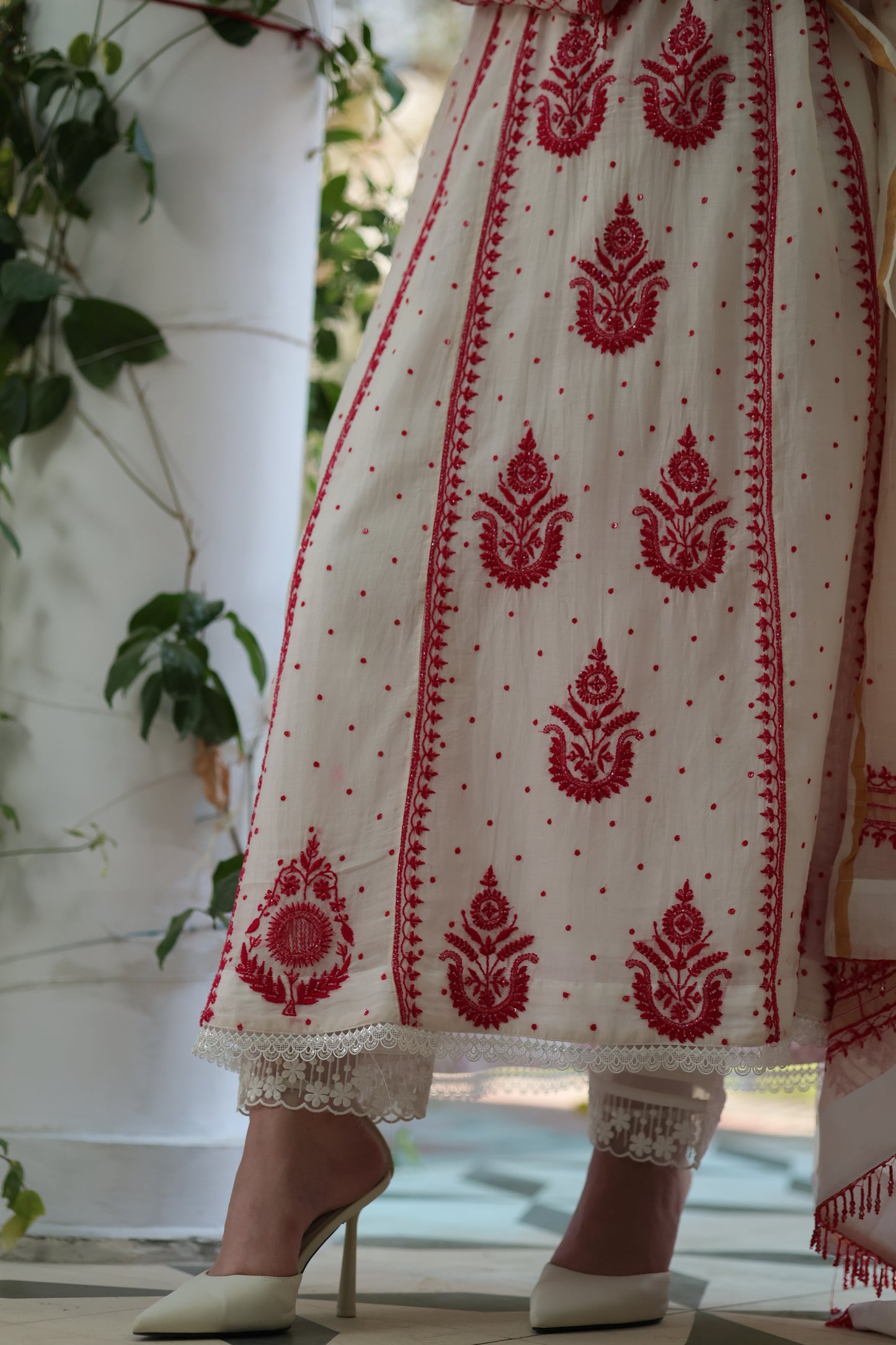 White & Red Malmal Pearl Work Chikankari A Line Kalidar Kurta With Dupatta