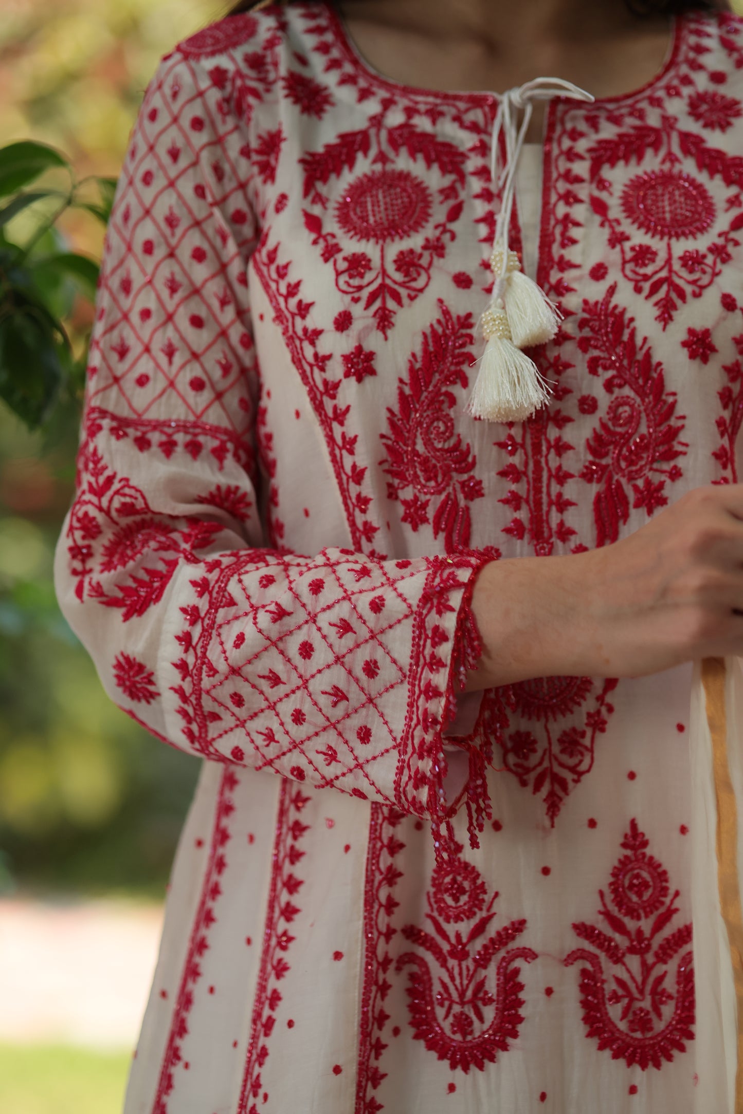 White & Red Malmal Pearl Work Chikankari A Line Kalidar Kurta With Dupatta