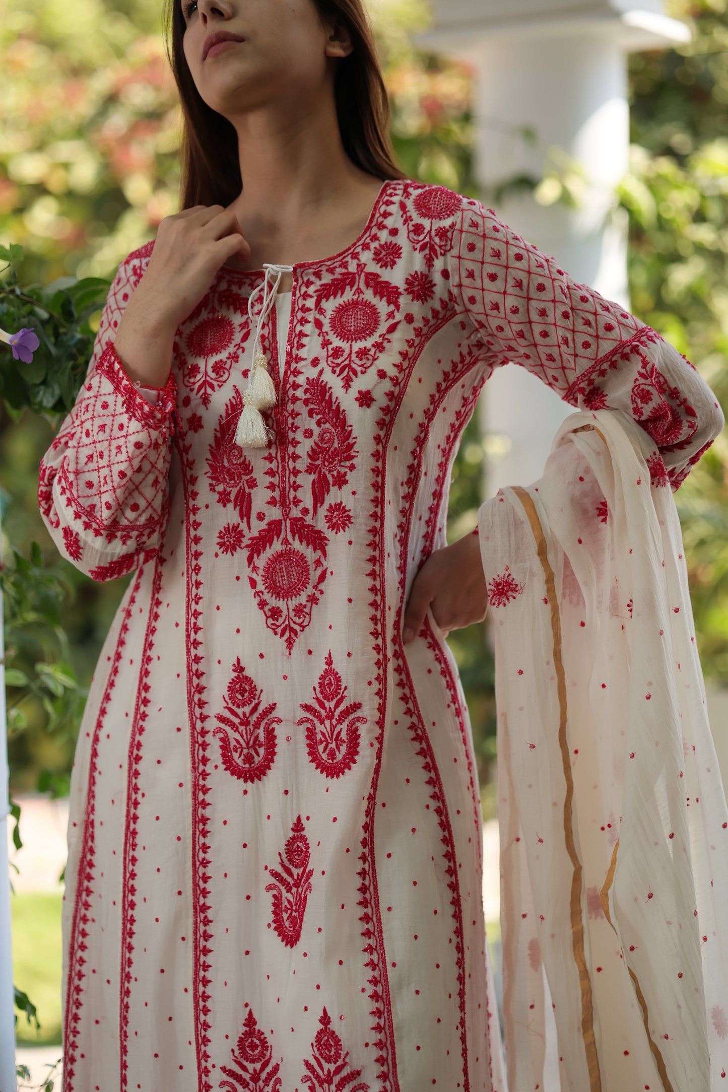 White & Red Malmal Pearl Work Chikankari A Line Kalidar Kurta With Dupatta