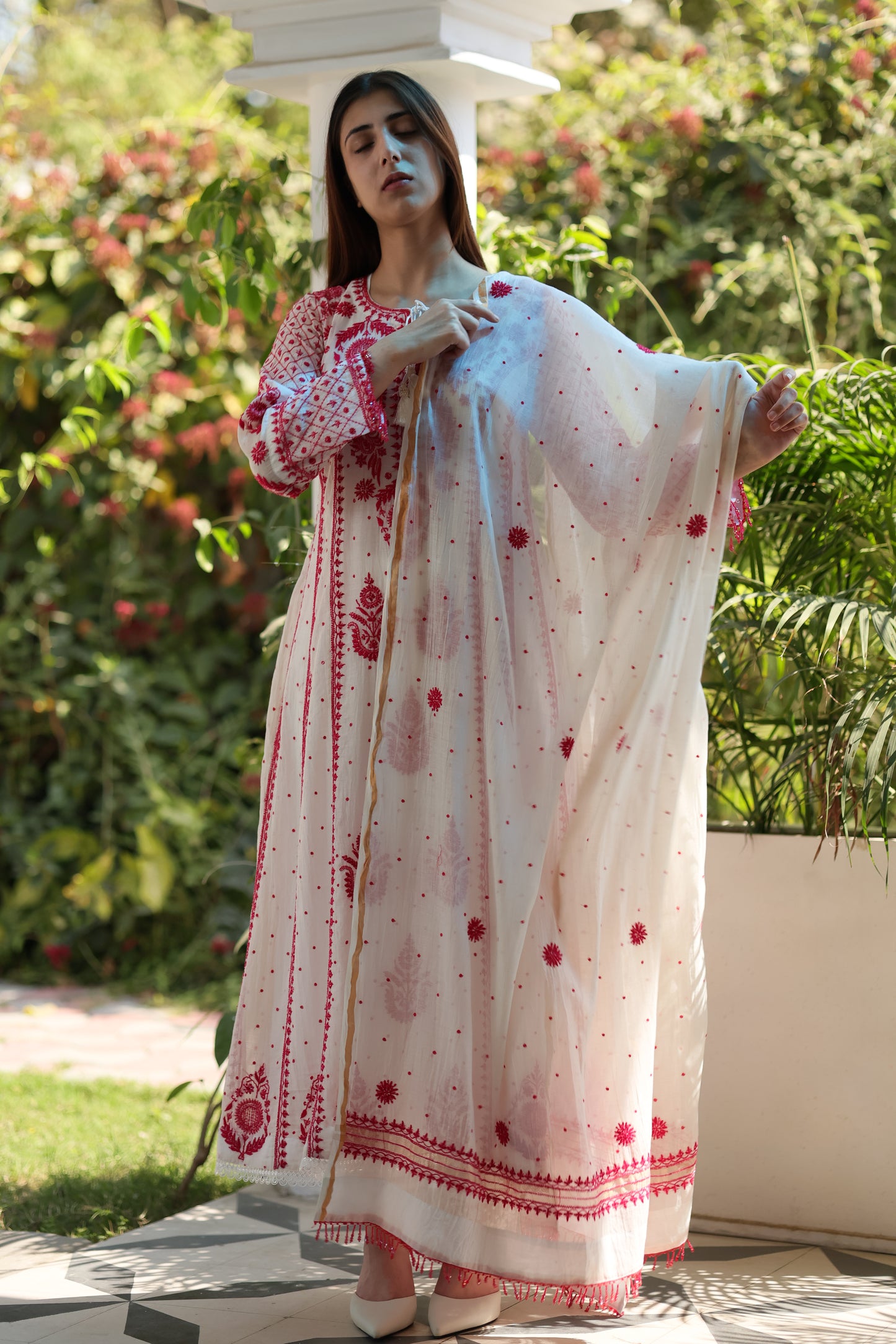 White & Red Malmal Pearl Work Chikankari A Line Kalidar Kurta With Dupatta