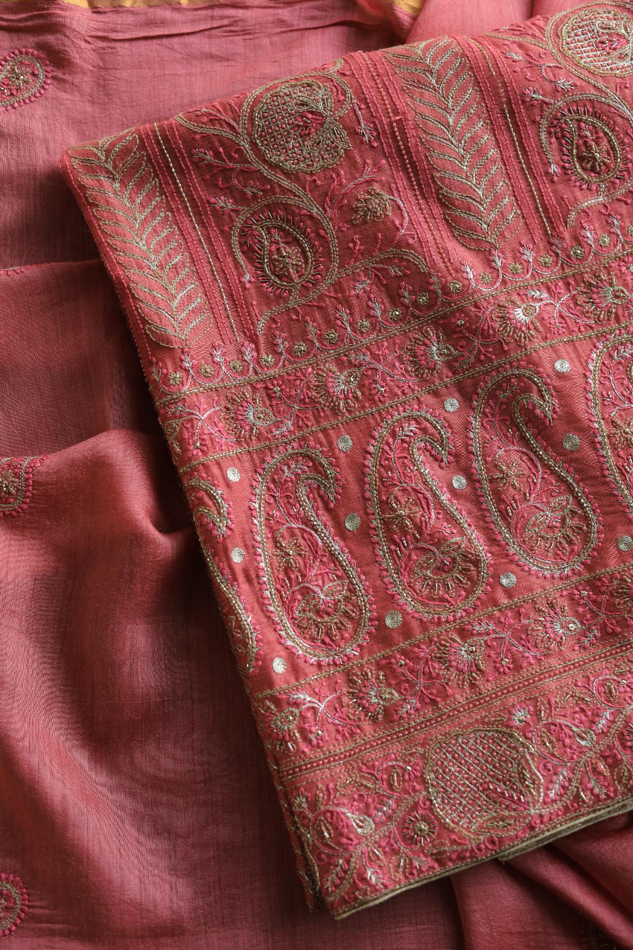 Carrot Pink Pink Moonga Silk Chikankari Unstitched Fabric