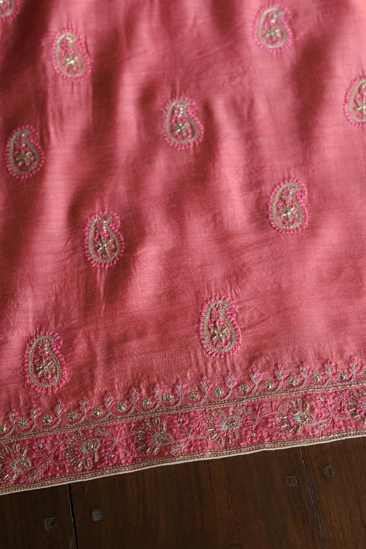 Carrot Pink Pink Moonga Silk Chikankari Unstitched Fabric