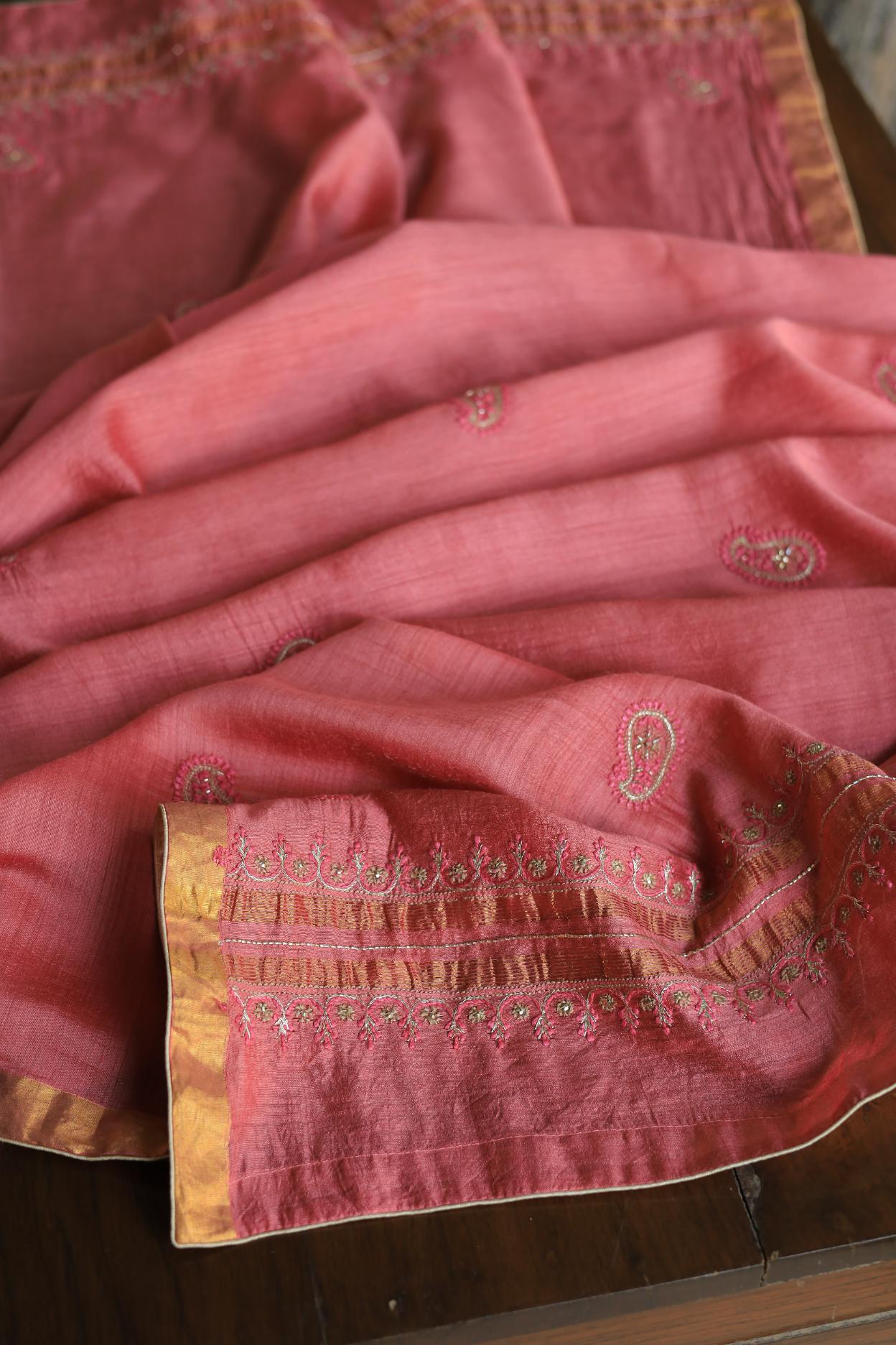 Carrot Pink Pink Moonga Silk Chikankari Unstitched Fabric