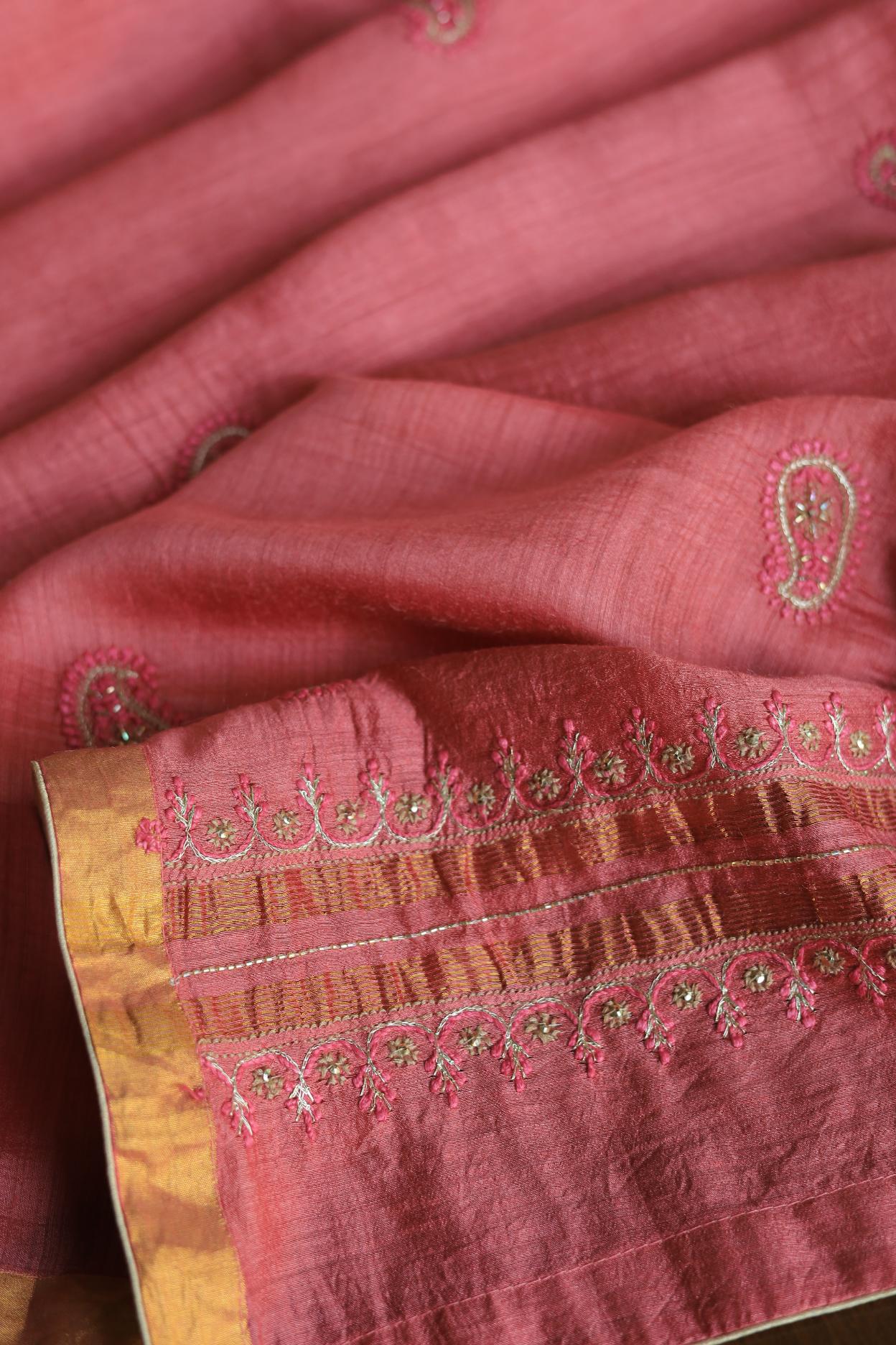 Carrot Pink Pink Moonga Silk Chikankari Unstitched Fabric
