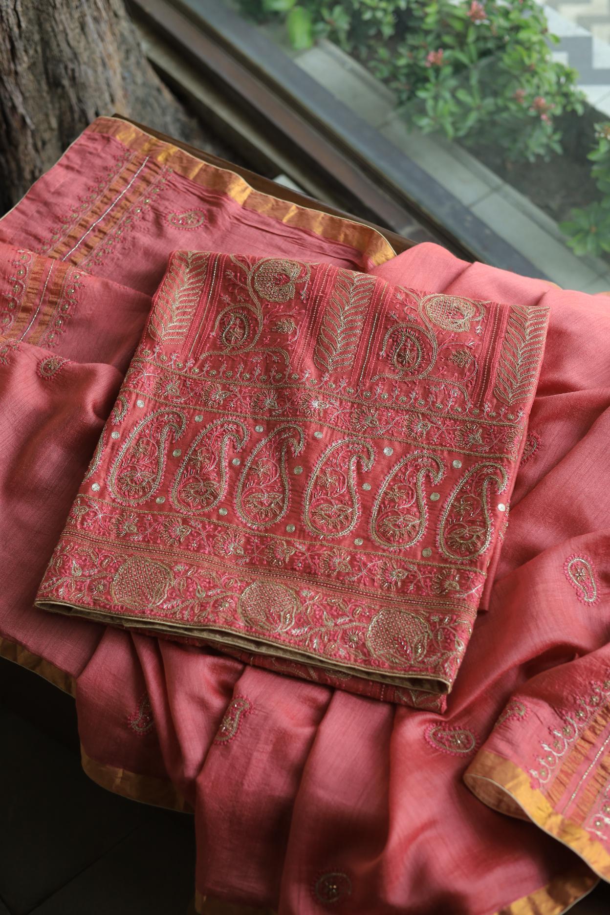 Carrot Pink Pink Moonga Silk Chikankari Unstitched Fabric