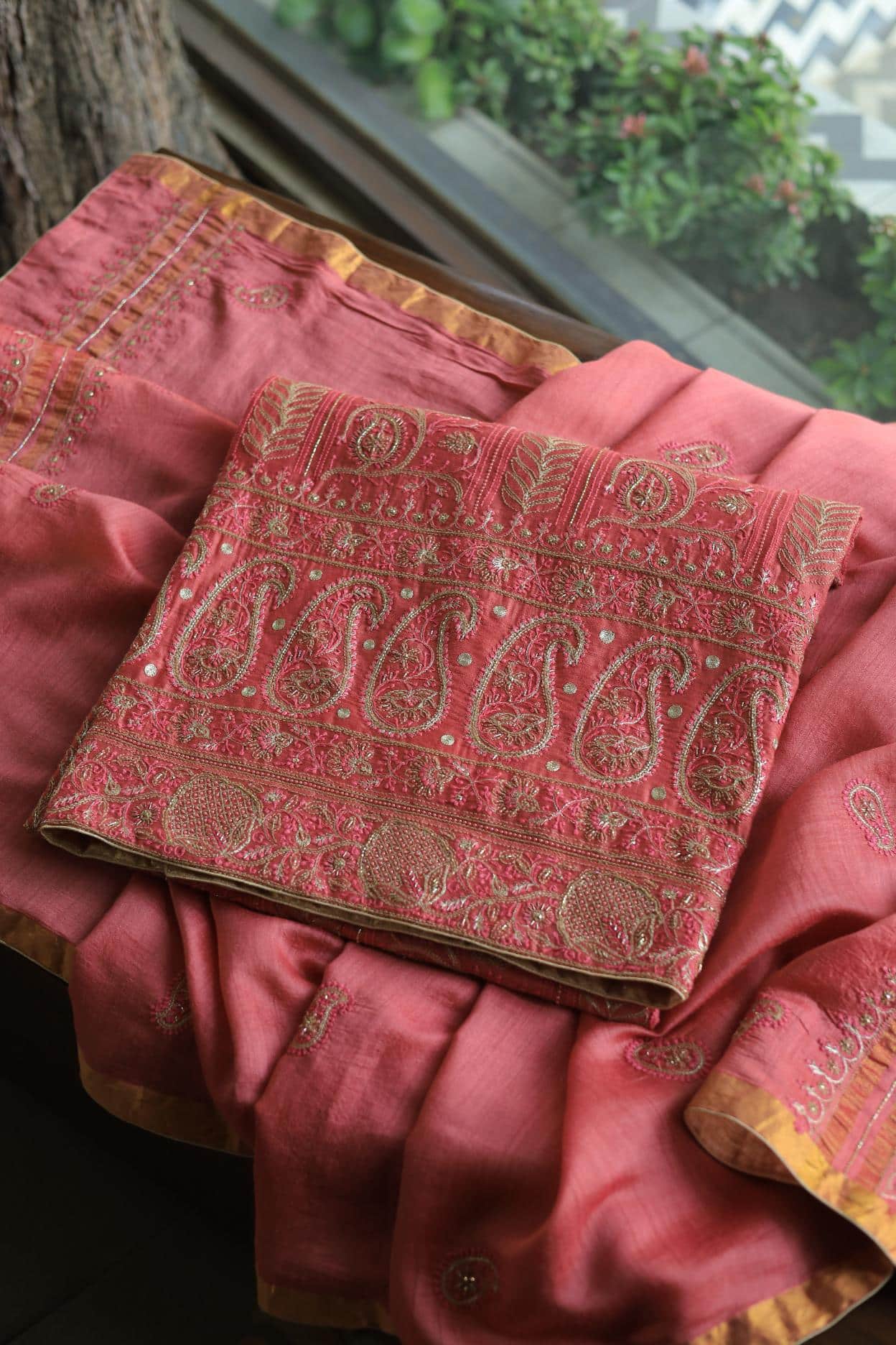Carrot Pink Pink Moonga Silk Chikankari Unstitched Fabric