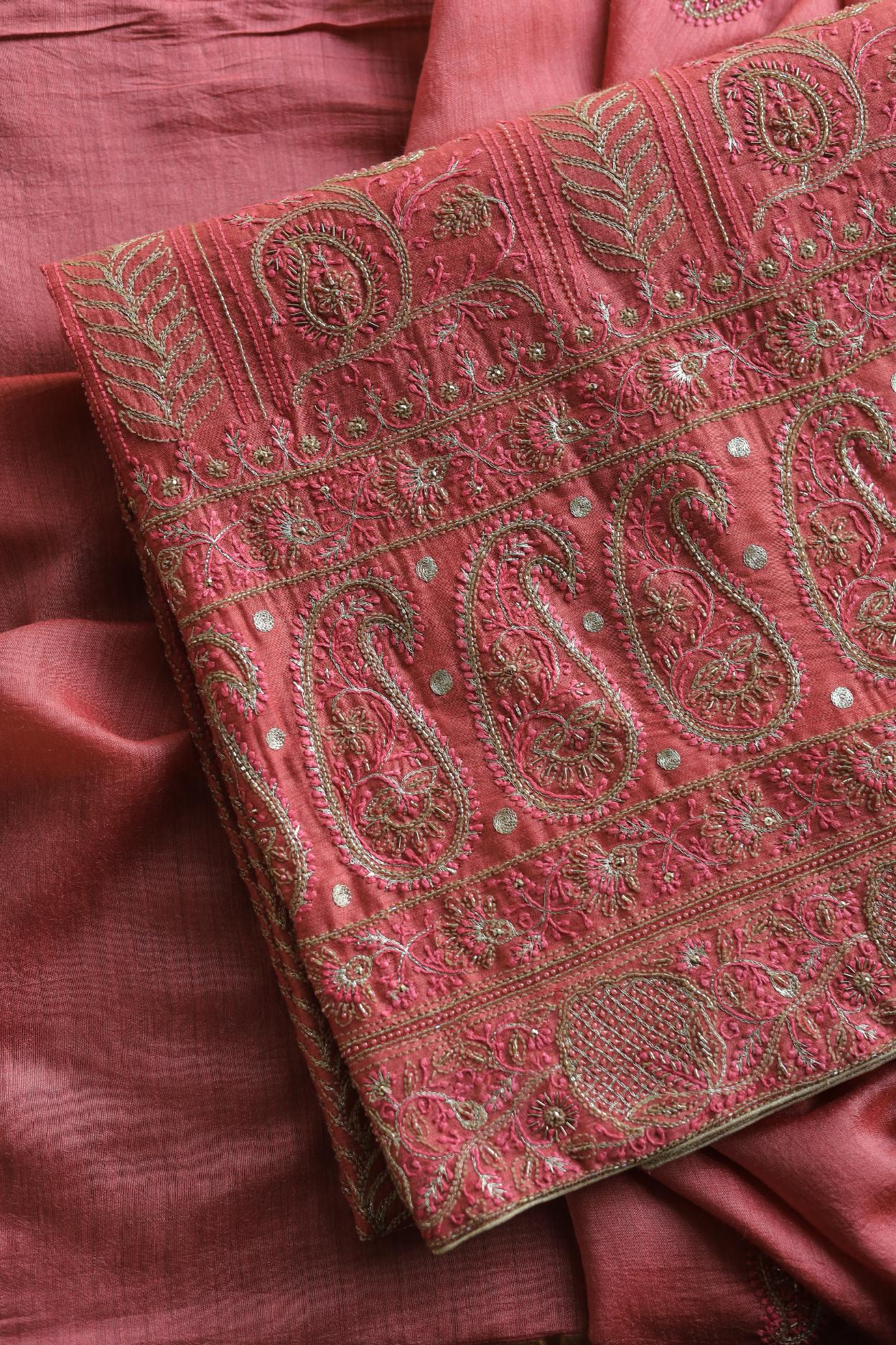Carrot Pink Pink Moonga Silk Chikankari Unstitched Fabric